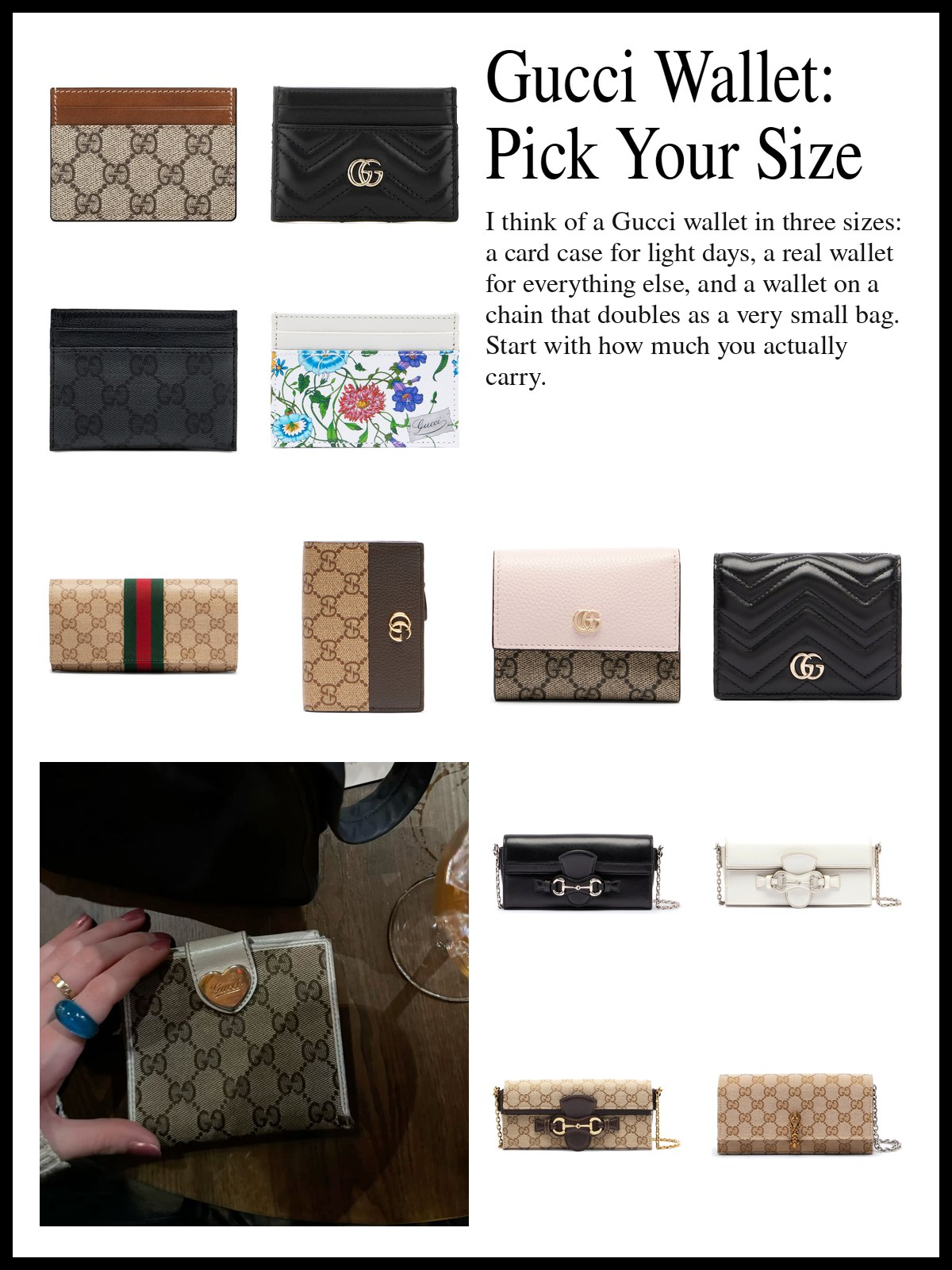 Collage of Gucci card cases and card holders, small and continental wallets in GG Marmont, Ophidia and Horsebit styles, and wallets on a chain, and a mood photo of a GG canvas wallet with a heart detail held over a cafe table.
