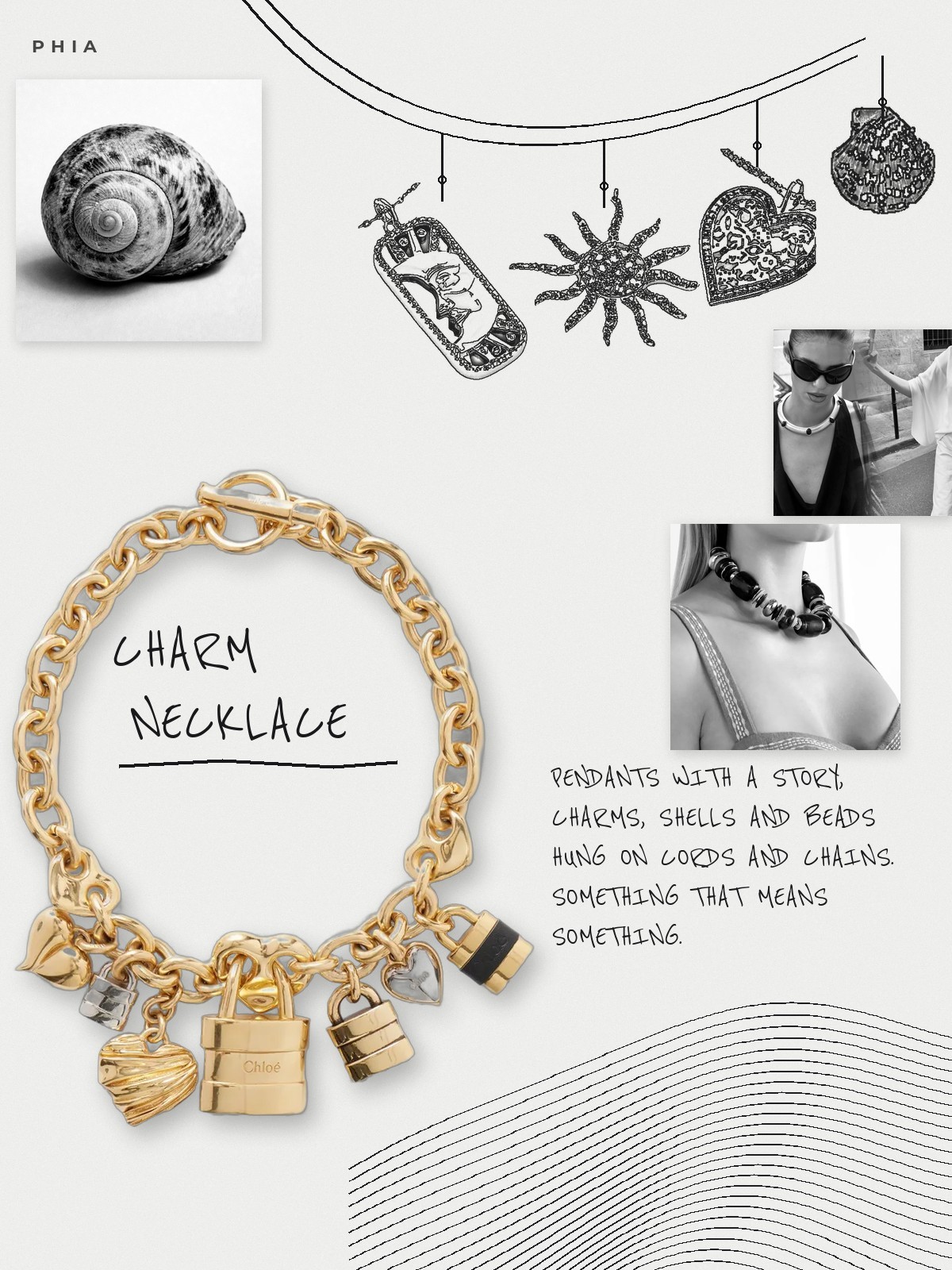Collage: a gold charm necklace with ink sketches of its charms and styling photos