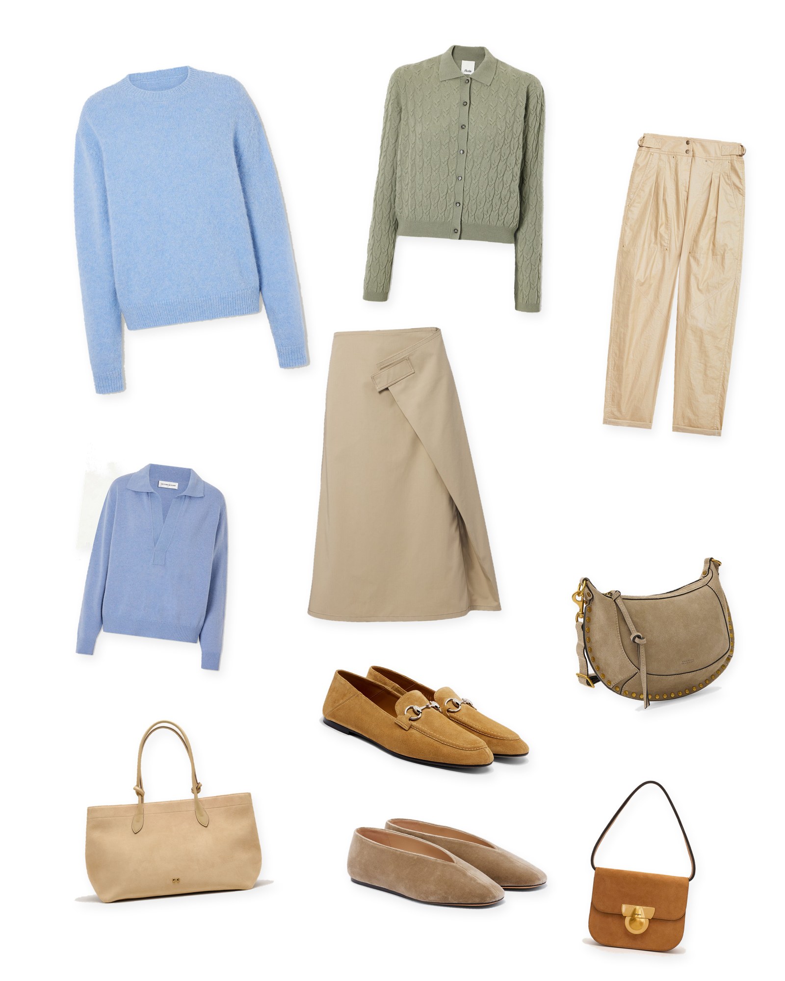 Flat lay of light blue and sage knits, a stone wrap skirt, beige trousers, a taupe suede bag, a sand tote, a caramel shoulder bag, camel loafers and beige ballet flats on white.