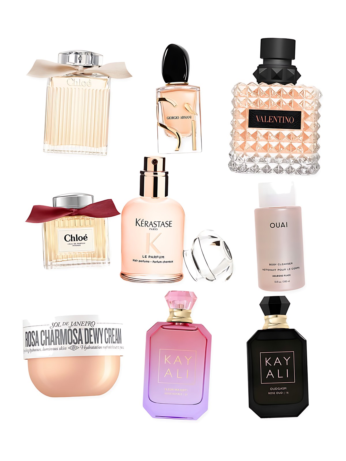 Collage on a white background showing Valentino Donna Born in Roma Coral Fantasy Eau de Parfum with Rose & Orange, Kayali OUDGASM ROSE OUD | 16 Eau de Parfum Intense, Sol de Janeiro Rosa Charmosa™ Dewy Body Cream with Rosewater + Crystal Peptides, Kayali FLEUR MAJESTY ROSE ROYALE | 31 Eau de Parfum, Chloé Chloé L'Eau de Parfum Intense with Raspberry, Rose & Amber, OUAI Melrose Place Gentle Body Wash, Chloé Chloé Eau de Parfum with Rose & Amber, Armani Beauty Sì Eau de Parfum with Vanilla & Blackcurrant and Rose and Kérastase Gloss Absolu Hair Perfume with Citrus, Vanilla & Rose.