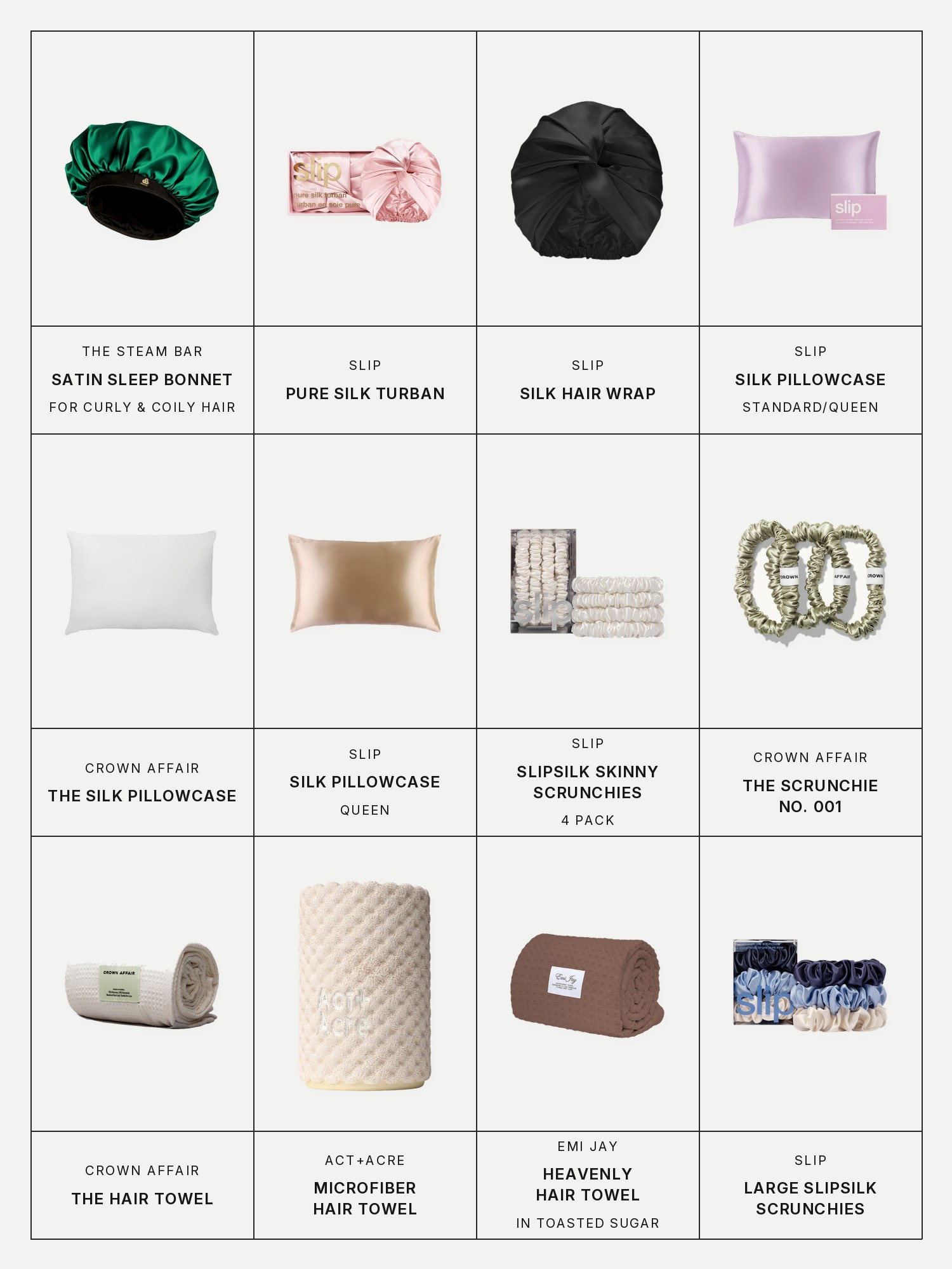 Twelve boxes on a pale grey page, one for each product in this edit, each with its brand and name printed below: The Steam Bar Satin Sleep Bonnet for Frizz & Breakage Protection for Curly & Coily Hair, Slip Pure Silk Turban, Slip Silk Hair Wrap, Slip Silk Pillowcase - Standard/Queen, Crown Affair The Silk Pillowcase, Slip Silk Queen Pillowcase, Slipsilk Skinny Scrunchies - 4 pack, Crown Affair The Scrunchie No. 001, Crown Affair The Hair Towel, Act+Acre Microfiber Hair Towel, Emi Jay Heavenly Hair Towel in Toasted Sugar and Slip Large Slipsilk Scrunchies.