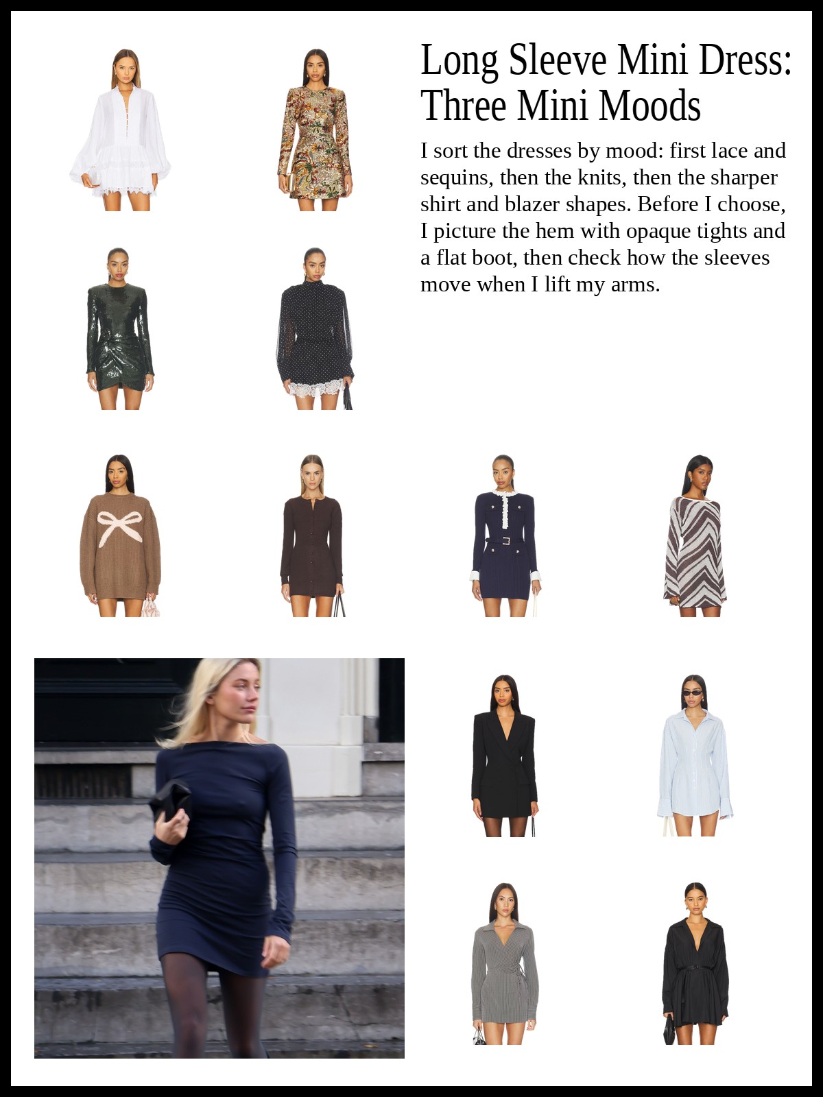 Collage of lace, sequin, knit and shirt long sleeve mini dresses, with a mood photo of a navy long sleeve mini dress worn with sheer black tights