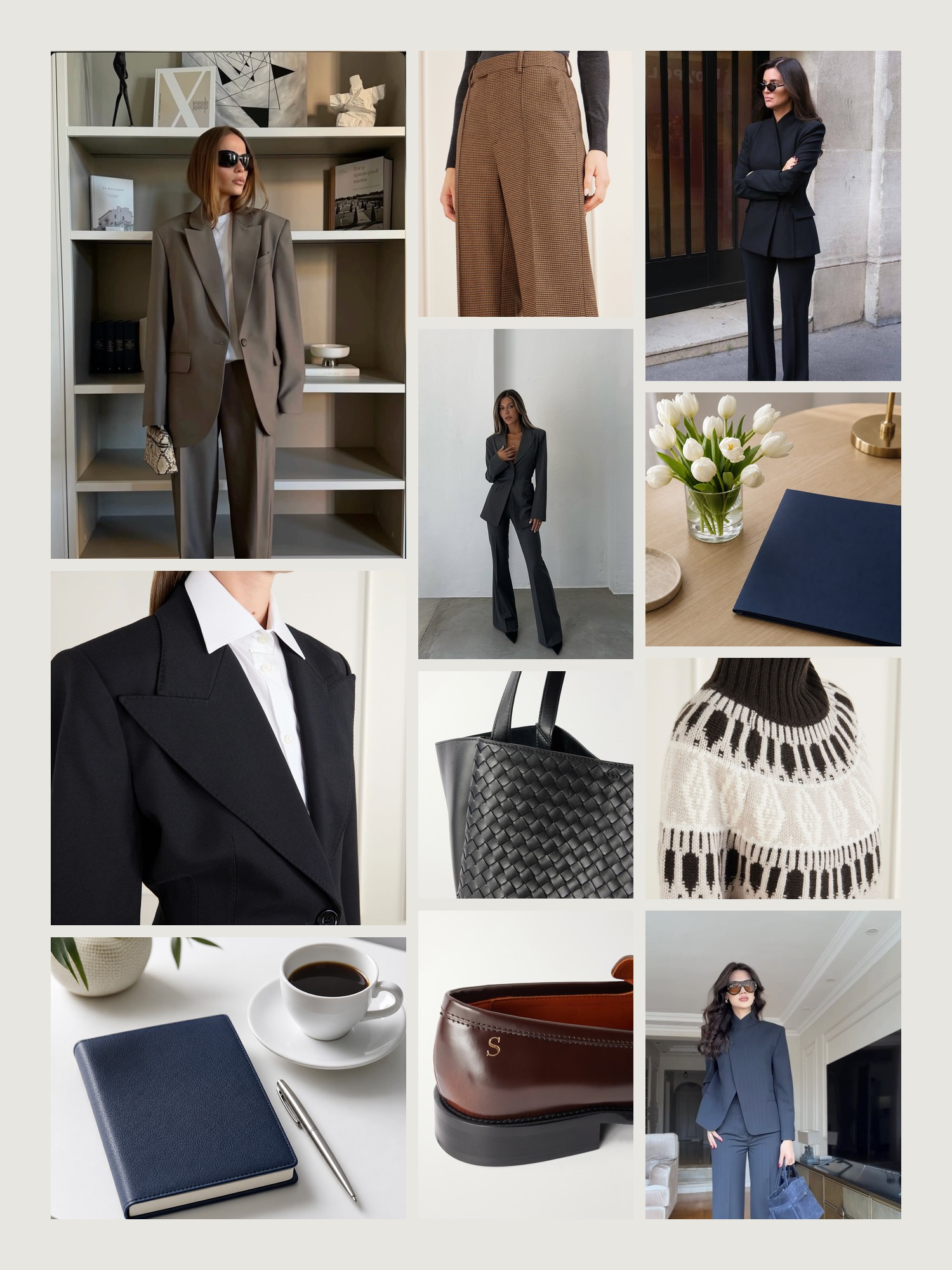 Mood board of interview outfits in navy and white tailoring