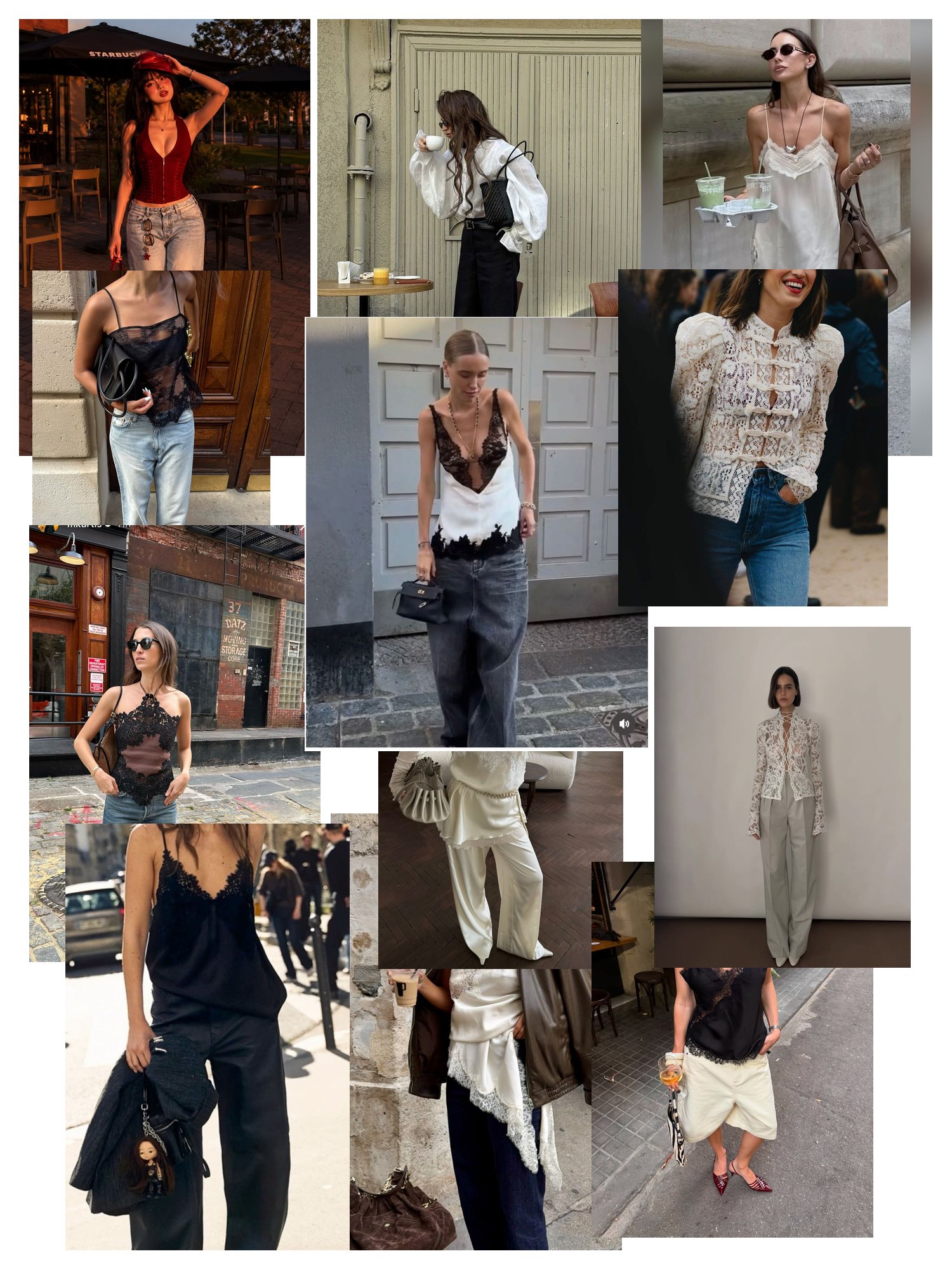 Street-style collage of 12 outfit photos featuring lace top, scattered and overlapping