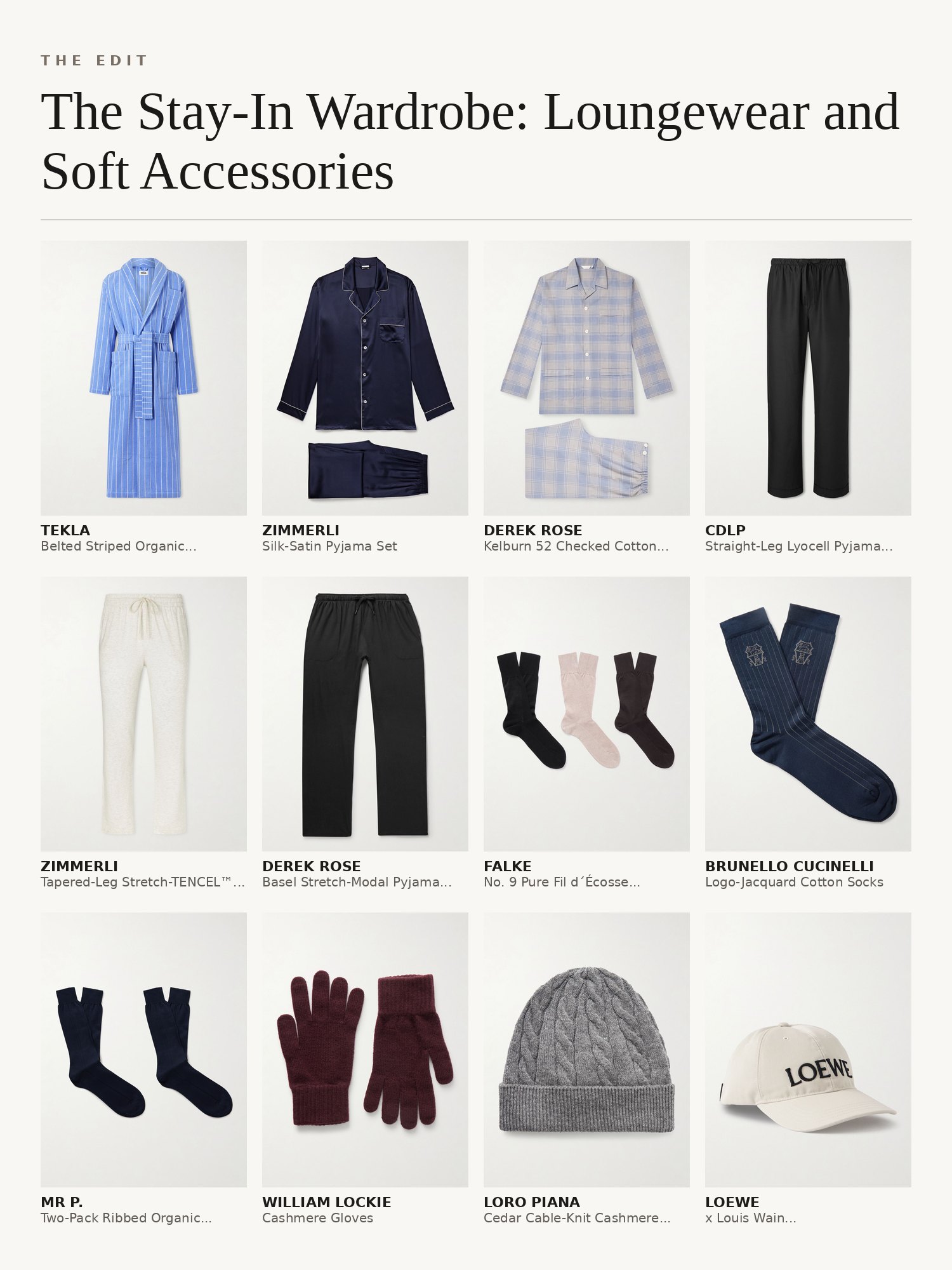 Collage of men's loungewear and soft accessories: silk and cotton pyjama sets, pyjama trousers, cashmere beanies, baseball caps and socks
