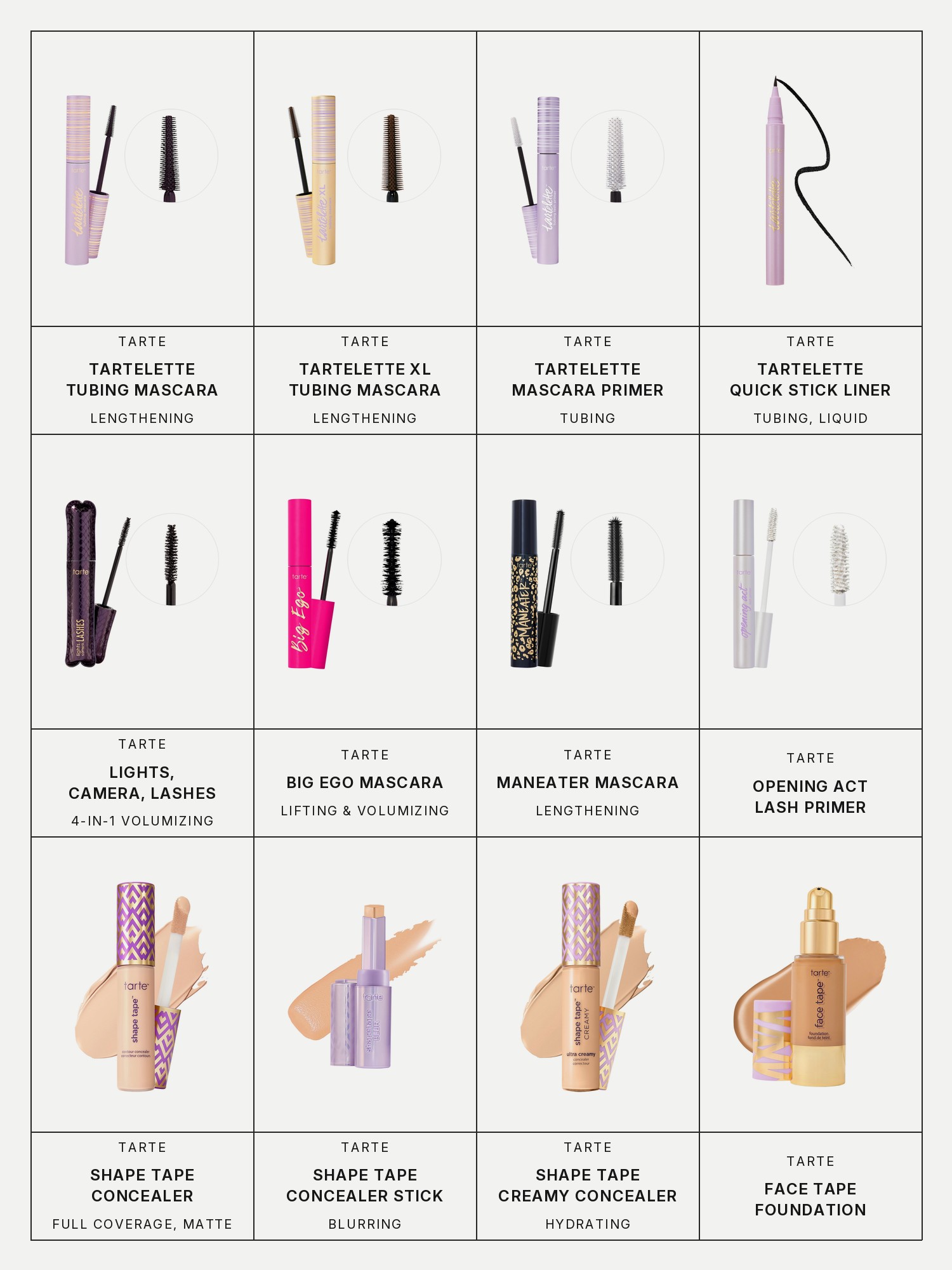 Twelve boxes on a pale grey page, one for each product in this edit, each with its brand and name printed below: Tartelette lengthening & tubing mascara, Tartelette XL lengthening & tubing mascara, Tartelette tubing mascara primer, Tartelette quick stick tubing liquid liner, Tarte Lights, camera, lashes 4-in-1 volumizing mascara, Tarte Big ego lifting & volumizing mascara, Tarte Maneater lengthening & volumizing mascara, Tarte Opening act lash primer, Tarte Shape tape full coverage matte concealer, Tarte Shape tape blurring concealer stick, Tarte Shape tape hydrating full coverage creamy concealer and Tarte Face tape foundation.