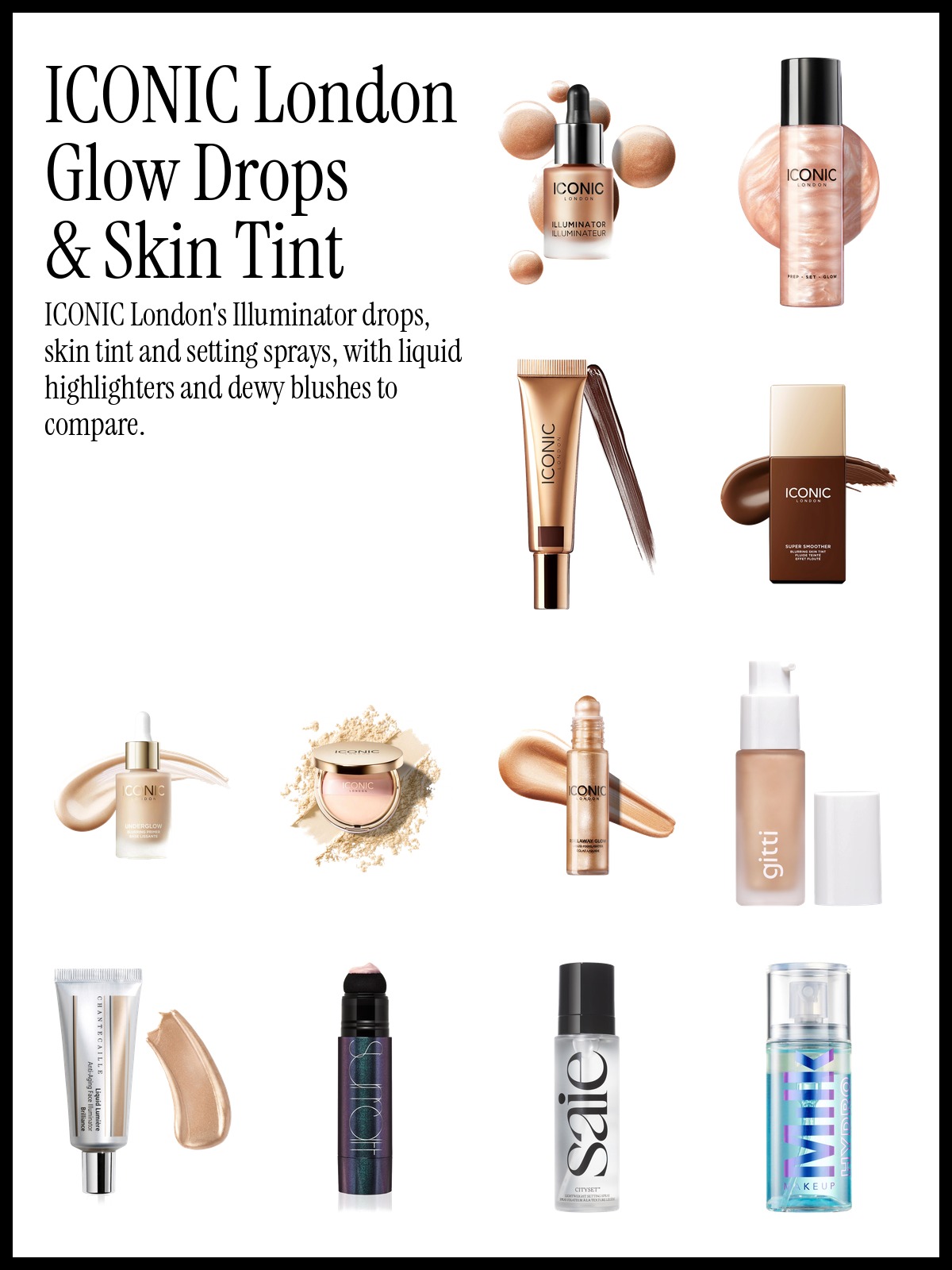 Collage of ICONIC London Illuminator Liquid Highlight, ICONIC London Underglow Blurring Primer and Gitti All Glow Liquid Highlighter