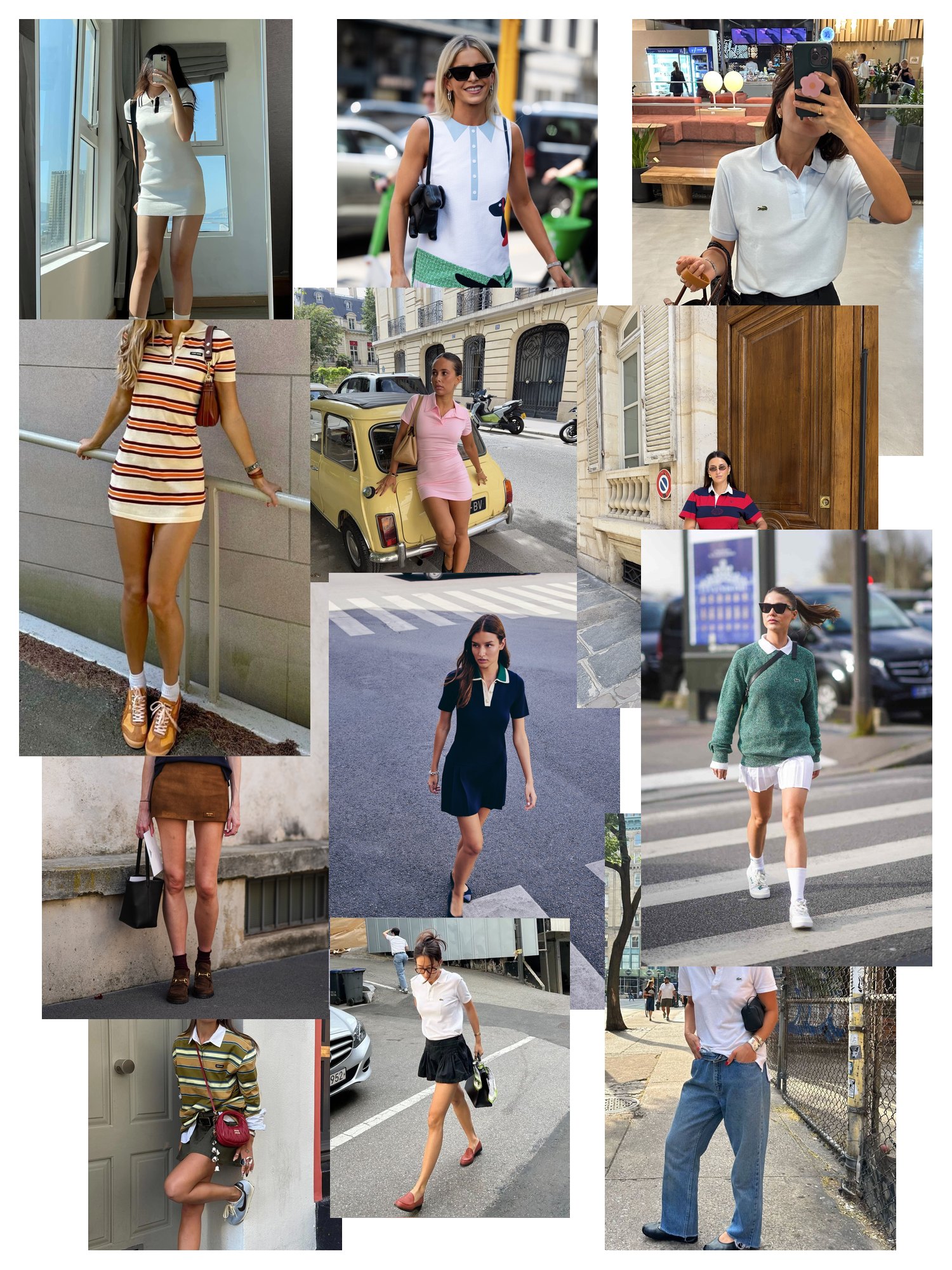 A collage of street style polo dresses, polo shirts and sneakers worn in the city