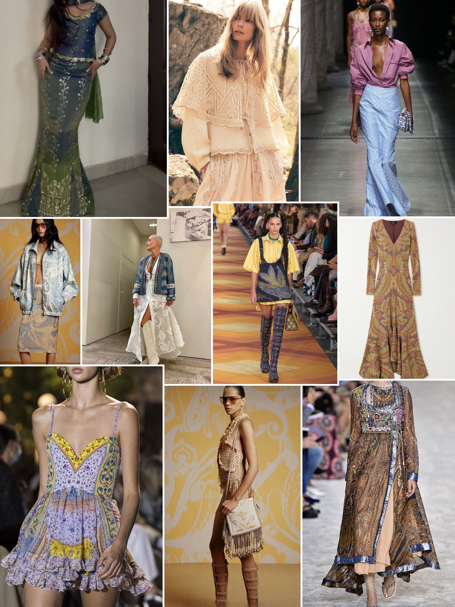 Collage of runway looks, campaign shots and street style outfits that capture the Etro mood