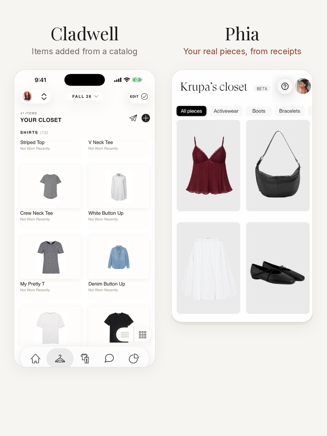 Side by side: Cladwell's closet list of catalog items, next to Krupa's Phia closet with a burgundy cami, black bag, white skirt and flats