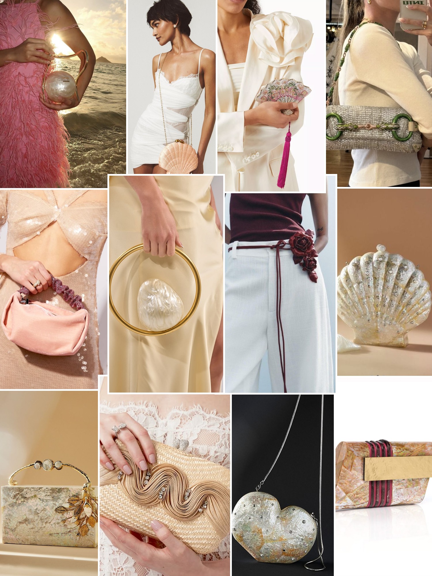 Collage of handbags carried with polished city outfits that capture the Emm Kuo mood