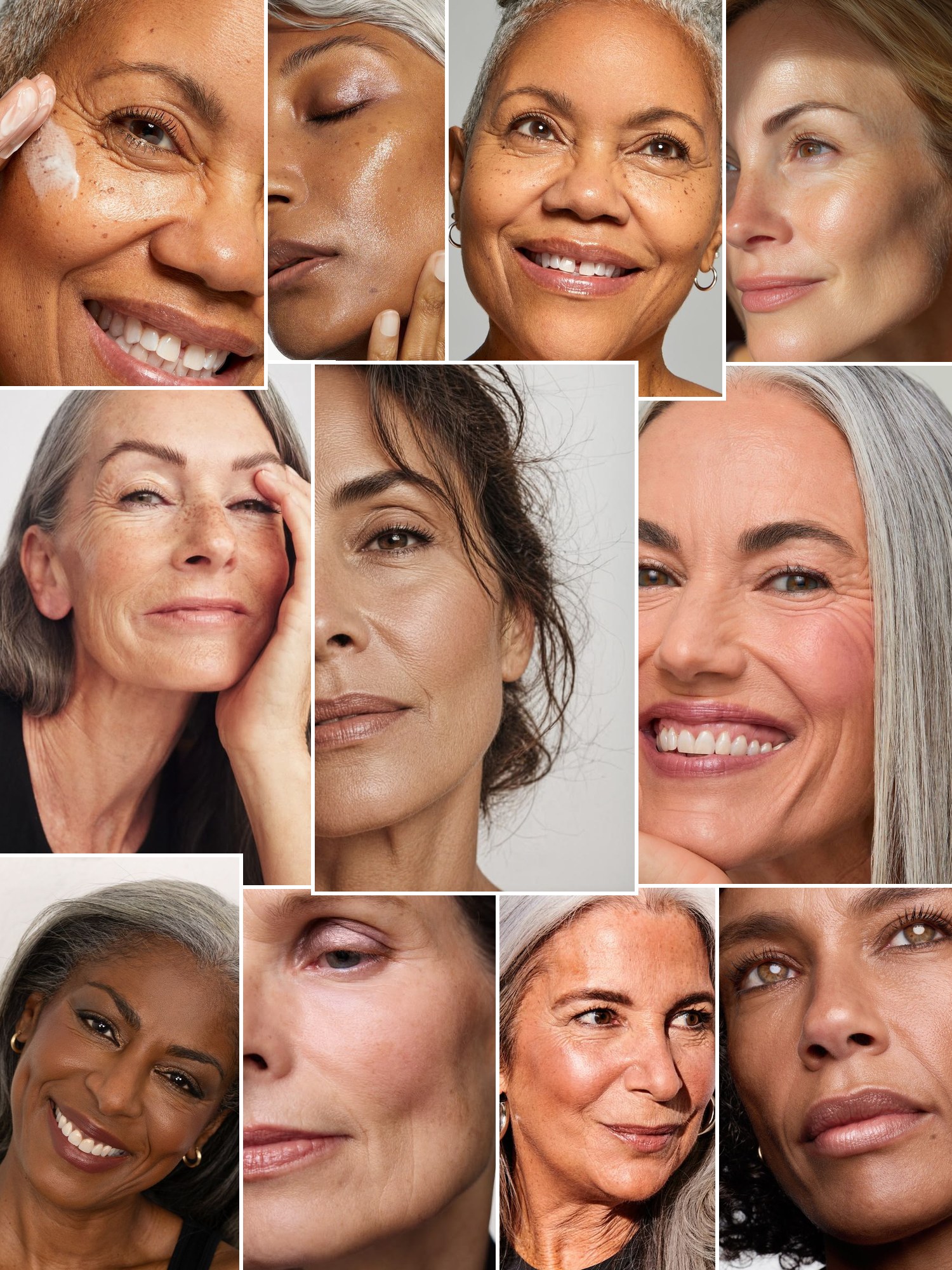 Collage of close-up beauty portraits of mature skin