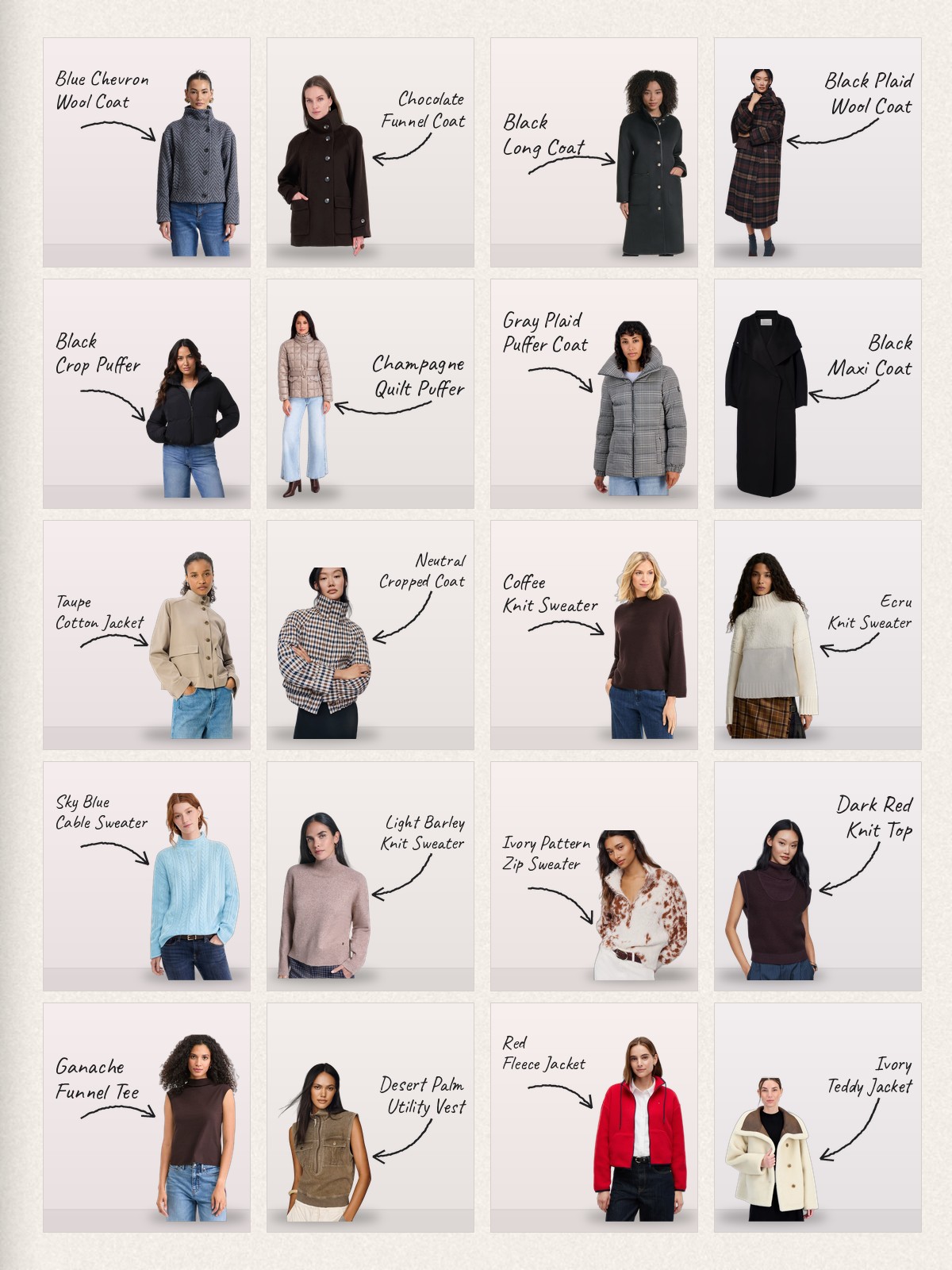 Collage: twenty Funnel neck coat products with handwritten labels