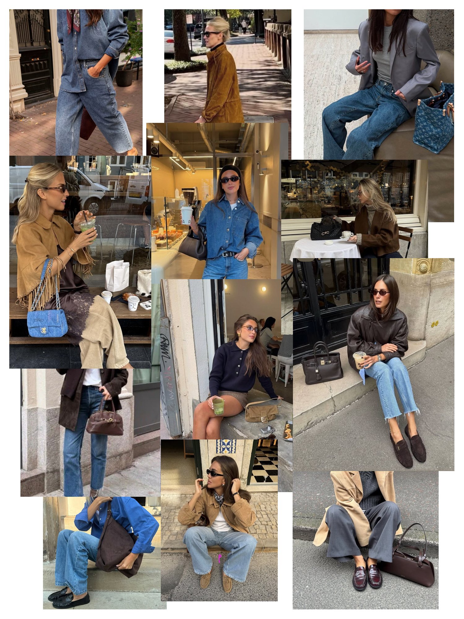 Street-style collage of 12 outfit photos featuring suede loafers, scattered and overlapping