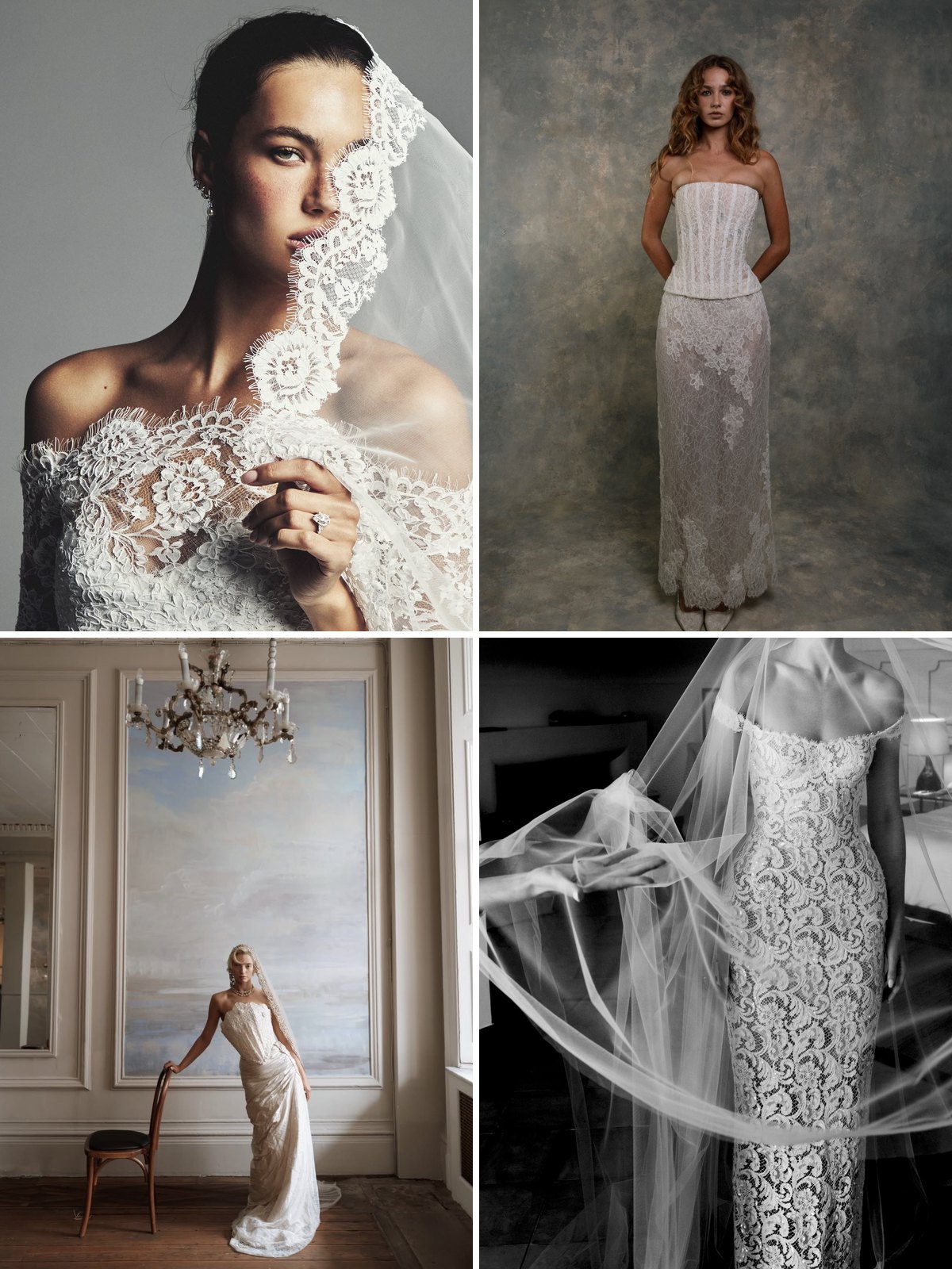 Wedding dress mood: lace veils, a lace corset gown and a strapless lace column