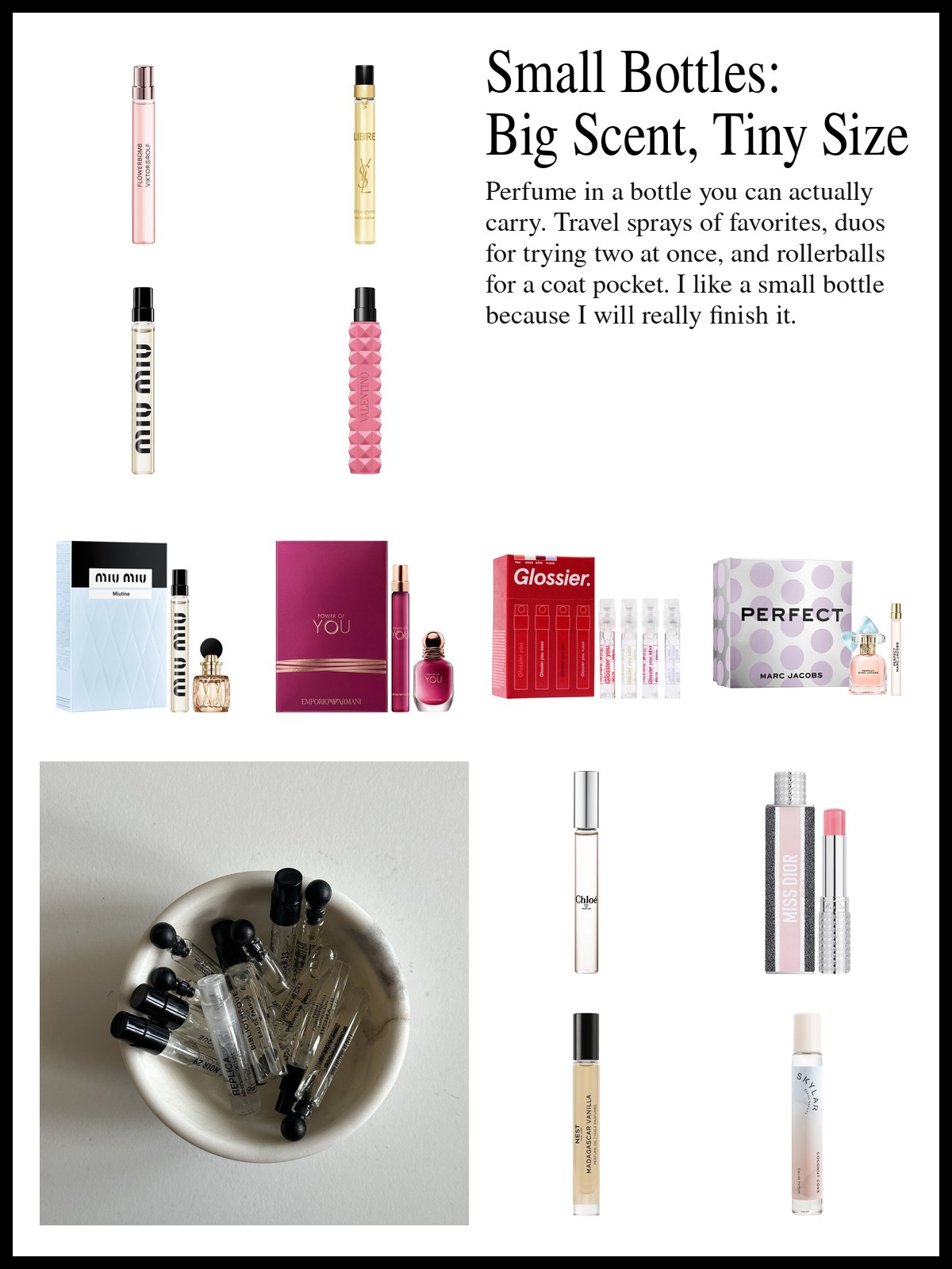 Collage of travel-size perfume sprays, gift duo sets and rollerballs beside a small clutch, and a mood photo of a dish of tiny perfume vials.