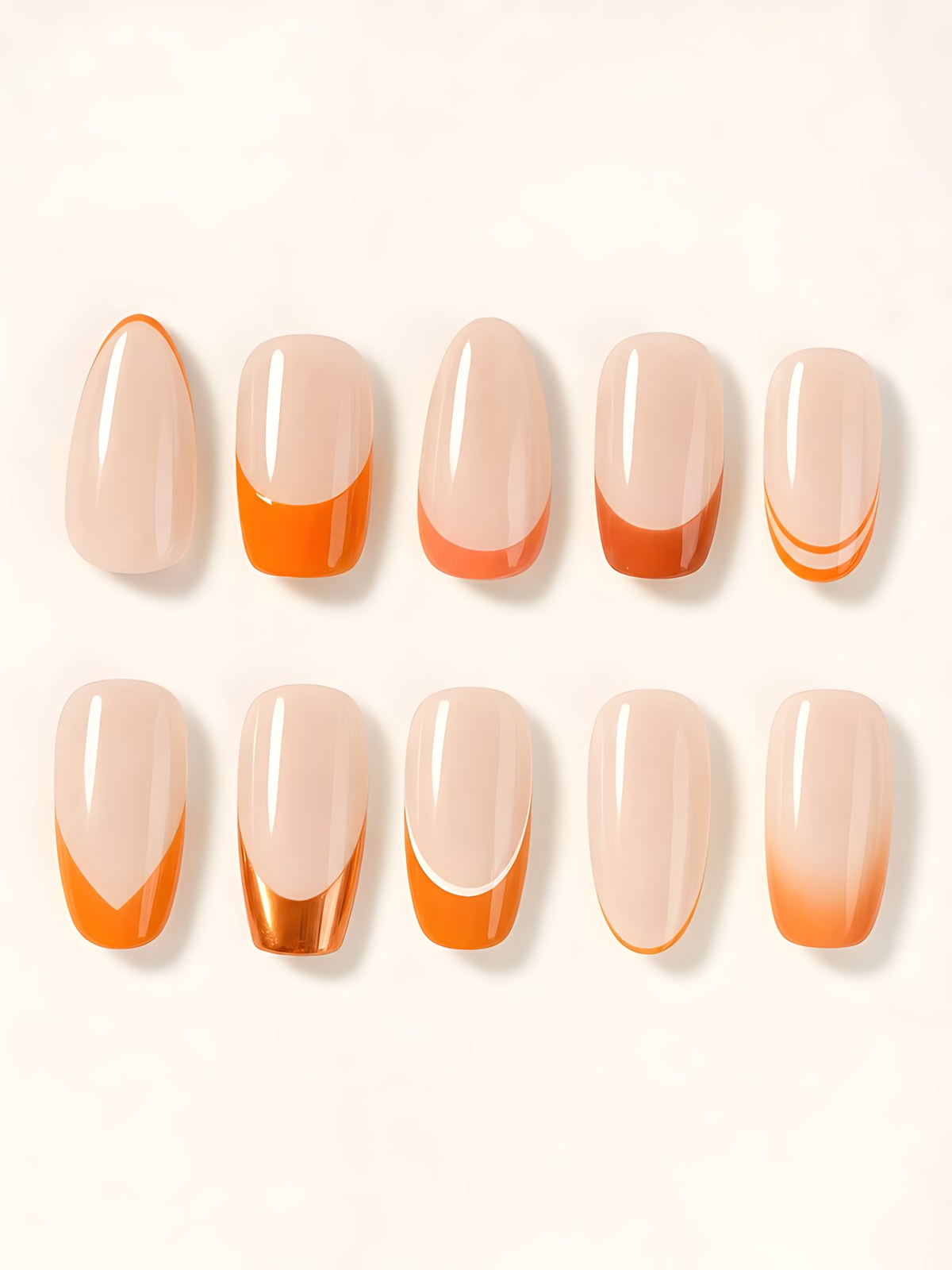Illustrated collage of orange french tip nails looks