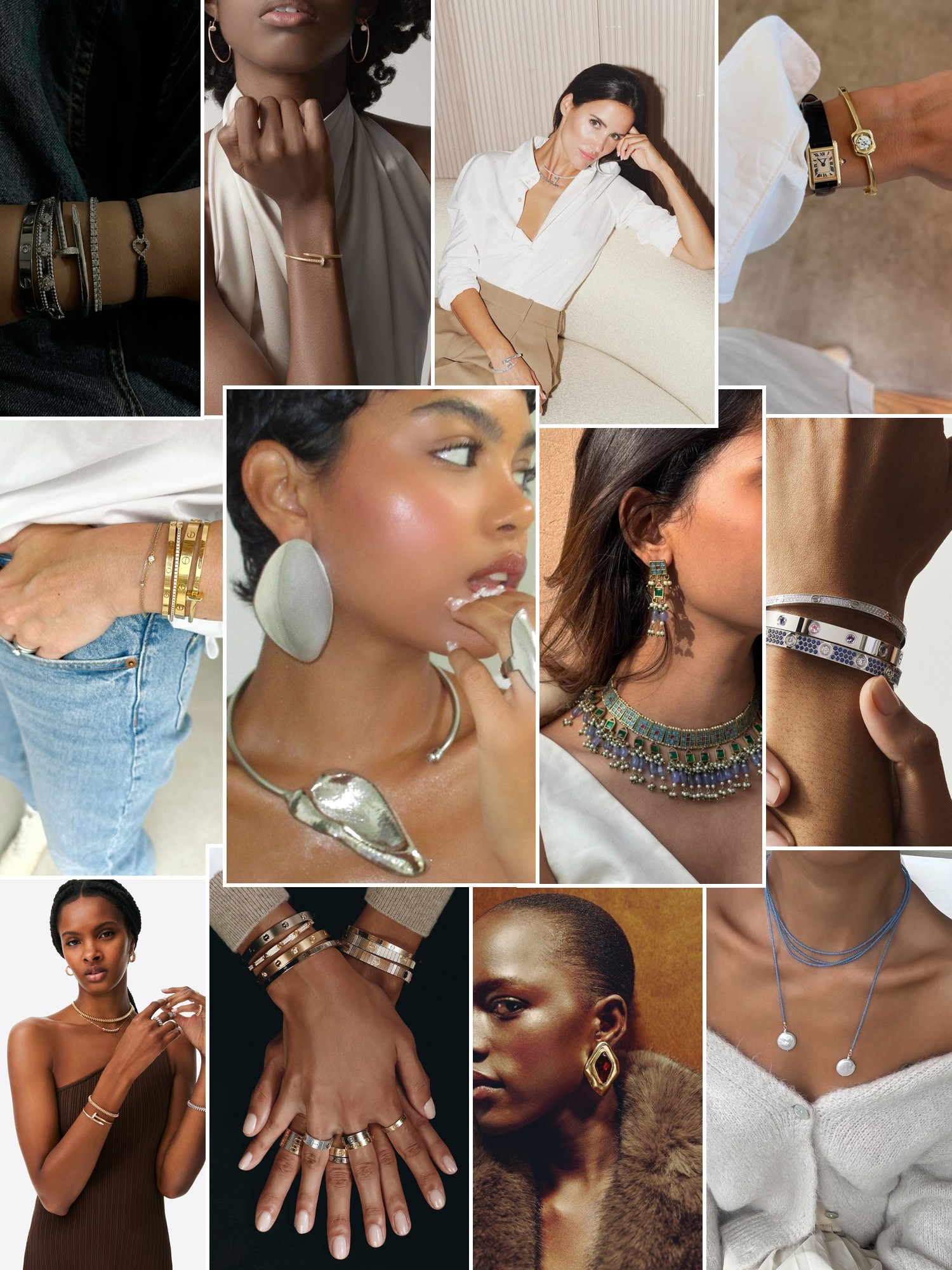Collage of gold jewelry, bracelets, earrings, rings, watches, and layered necklaces styled on hands and models.