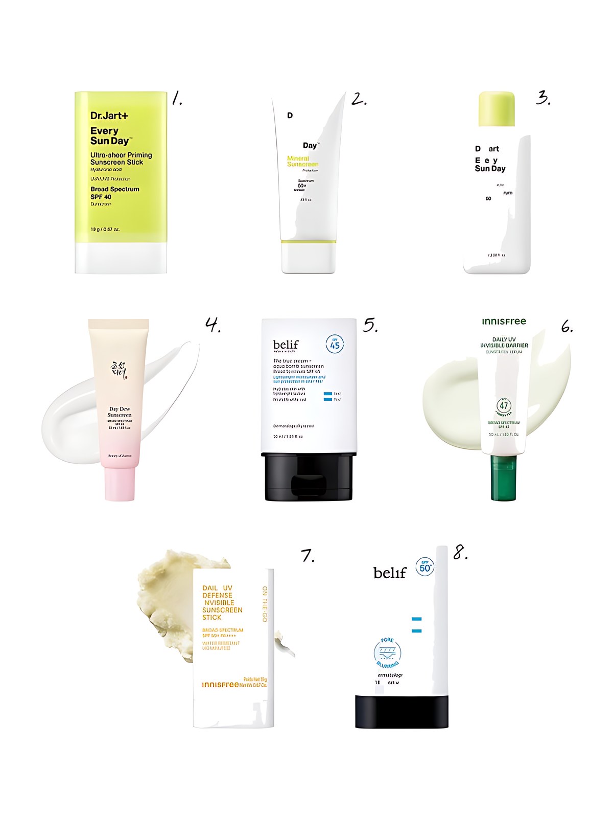 Numbered collage: 1. Dr. Jart+ Every Sun Day Invisible Korean Sunscreen Stick SPF 40; 2. Dr. Jart+ Every Sun Day Mineral Korean Sunscreen SPF 50+; 3. Dr. Jart+ Every Sun Day Fluid Korean Sunscreen SPF 50+; 4. Beauty of Joseon Day Dew Sunscreen Lightweight Water-Resistant SPF 50; 5. belif The True Cream Aqua Bomb SPF 45 Korean Moisturizer Face Sunscreen; 6. innisfree Invisible Barrier Korean Sunscreen Serum SPF 47 with Jeju Green Tea + Hyaluronic Acid; 7. innisfree Daily UV Invisible Korean Sunscreen Stick SPF 50+ PA++++ for Face & Body; 8. belif Aqua Bomb Korean Glow Sunstick SPF 50+