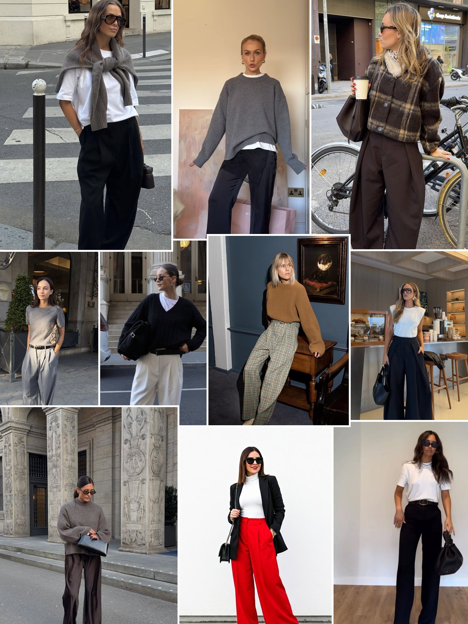 Collage of everyday outfits built around Aritzia Effortless Pant dupe