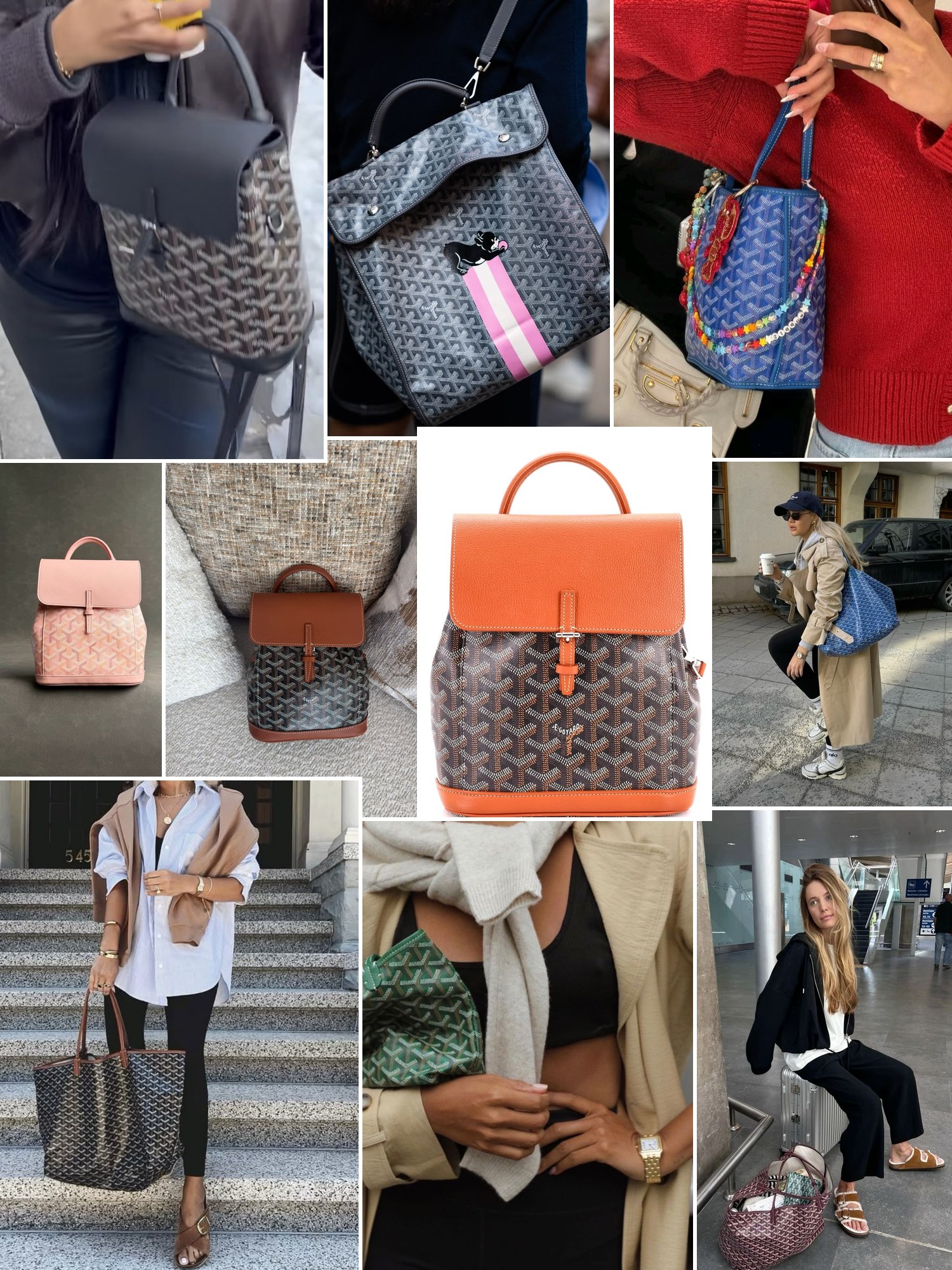 Collage of everyday outfits built around Goyard backpack