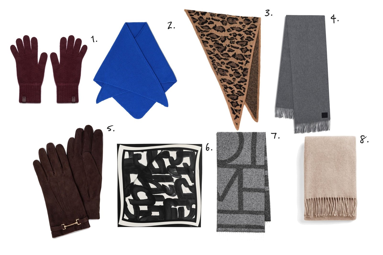Numbered collage: 1. Strathberry Westray Cashmere Gloves in Burgundy; 2. Hyer Goods Wool Triangle Bandana; 3. Clare V. Triangle Scarf; 4. Anine Bing Augustina Wool Scarf in Grey; 5. Strathberry Stockbridge Suede Gloves in Chocolate; 6. Cuyana Silk Scarf; 7. Toteme Monogram Jacquard Scarf; 8. Cuyana Recycled Cashmere Scarf