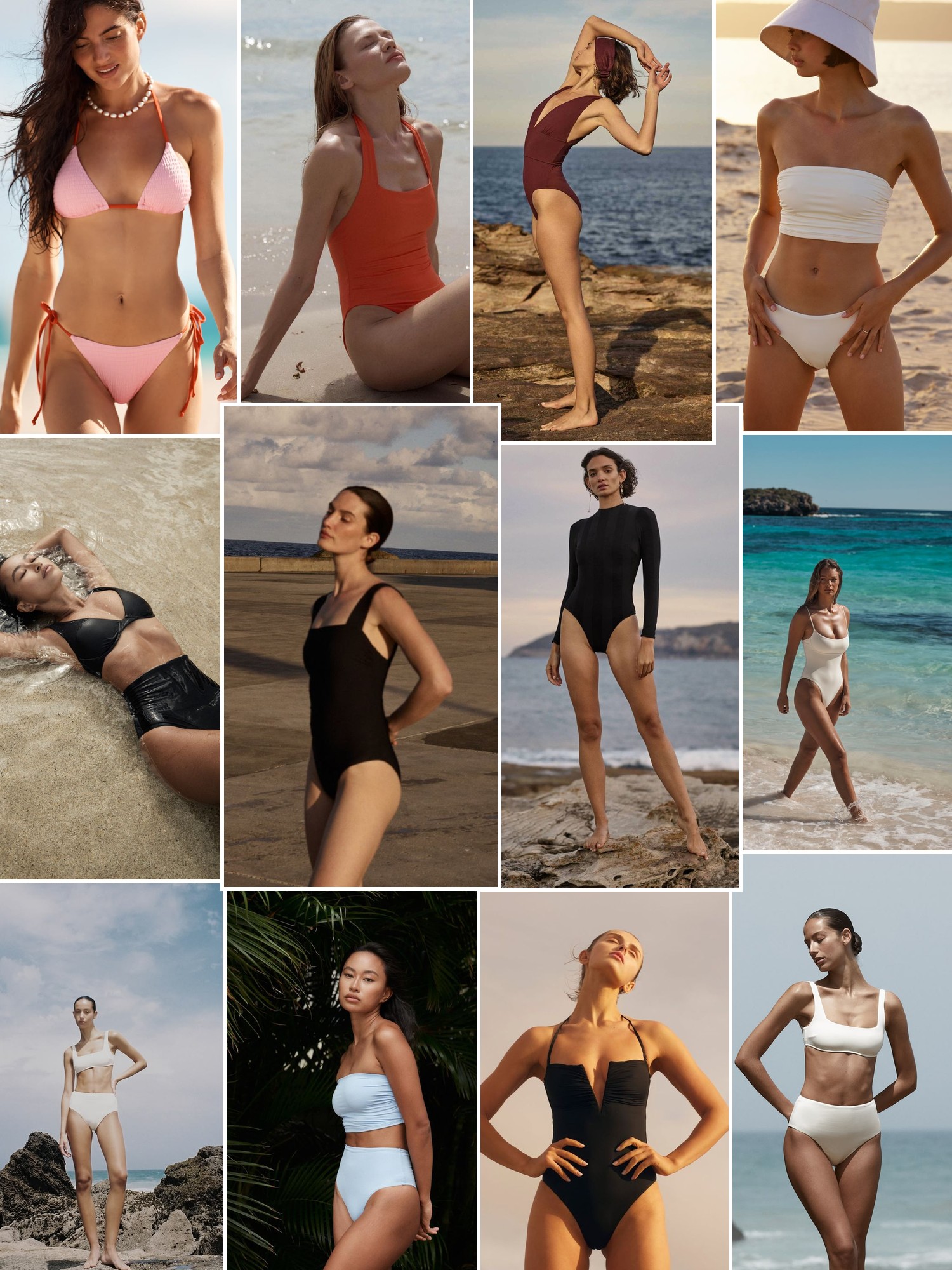 Collage of swimwear on sunlit beaches and by the water, in the spirit of BONDI BORN