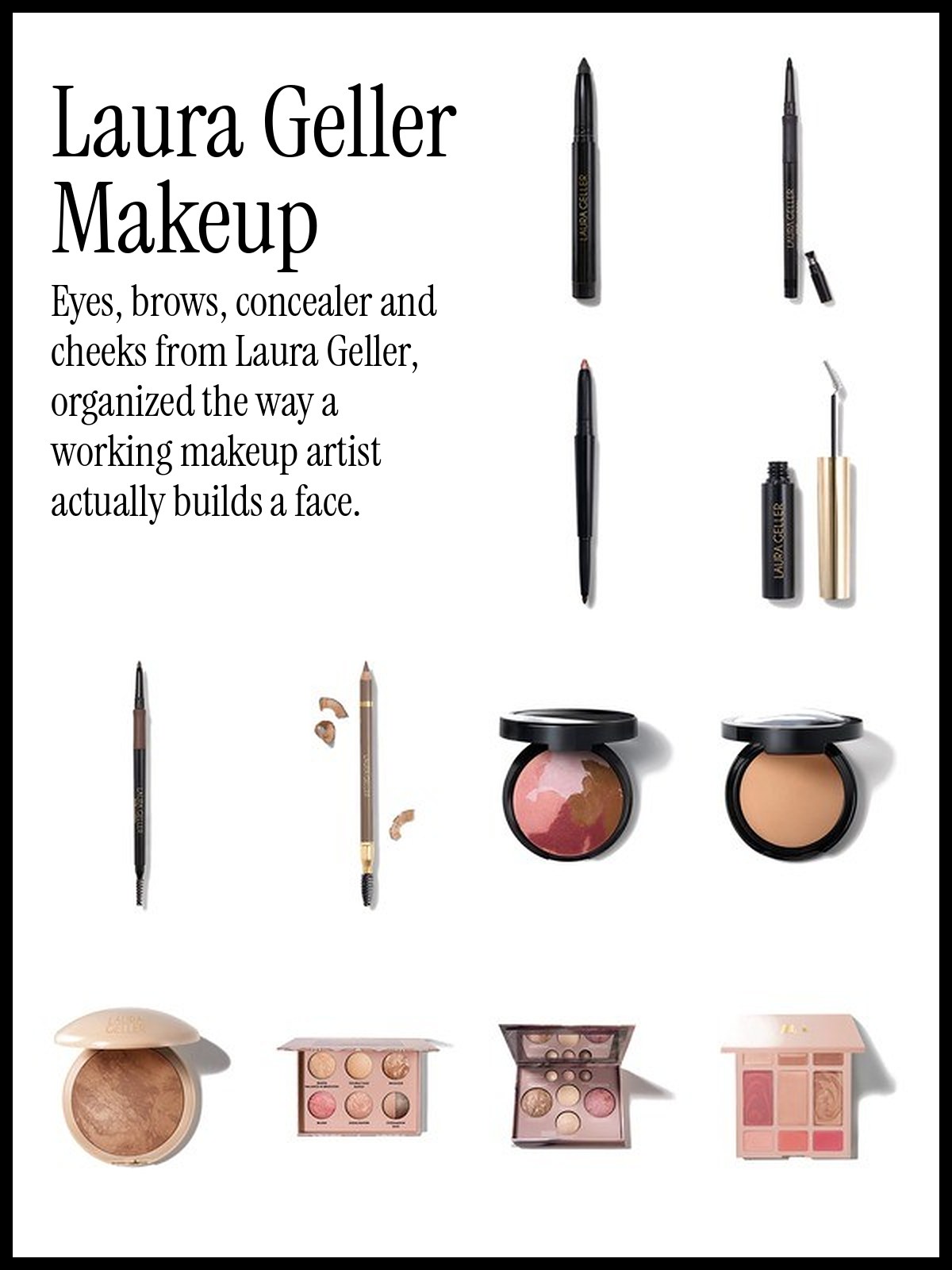 Collage of Laura Geller eye, brow, cheek and highlight makeup products organized by face area