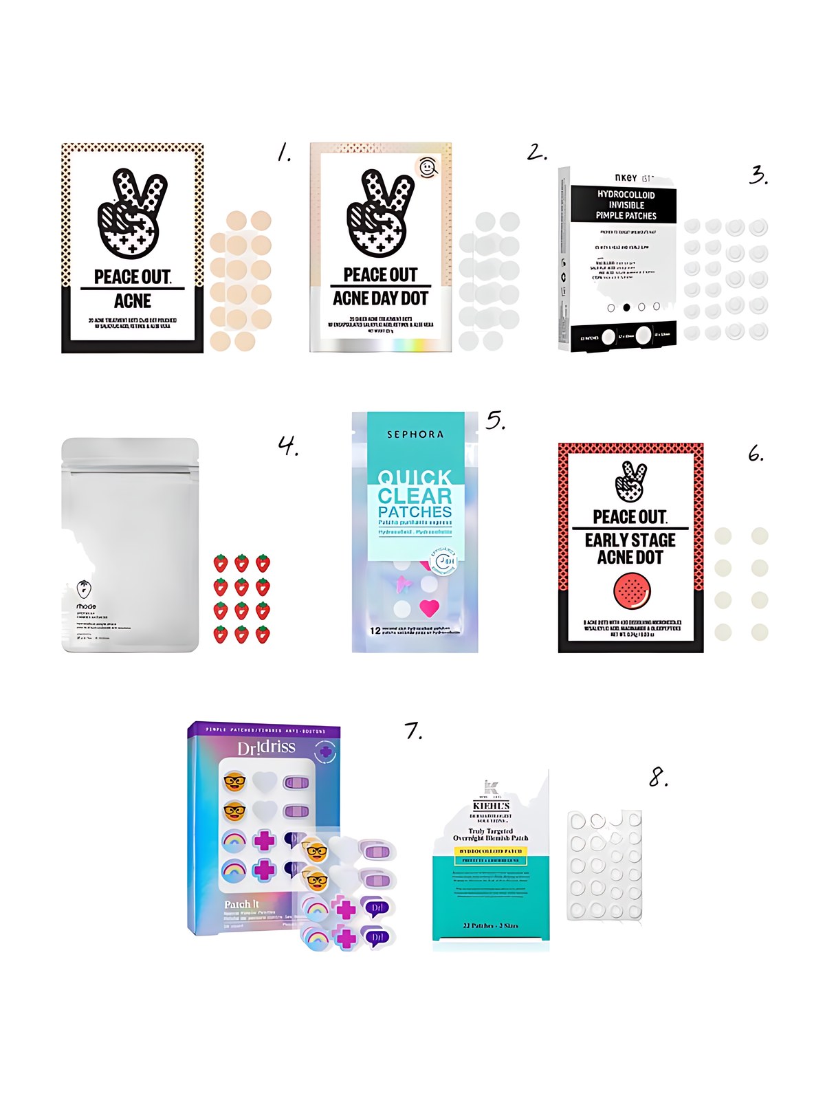 Numbered collage: 1. Peace Out Salicylic Acid & Hydrocolloid Acne Treatment Pimple Patches; 2. Peace Out Salicylic Acid & Hydrocolloid Acne Day Invisible Pimple Patches; 3. The INKEY List Hydrocolloid Invisible Pimple Patches + Salicylic Acid; 4. rhode Spotwear Hydrocolloid Patches; 5. SEPHORA COLLECTION Quick Clear Patches; 6. Peace Out 2% Salicylic Acid Early Stage Acne Microneedle Pimple Patch; 7. Dr. Idriss Patch It Azelaic Acid Rescue Pimple Patches; 8. Kiehl's Since 1851 Truly Targeted Overnight Blemish Patch