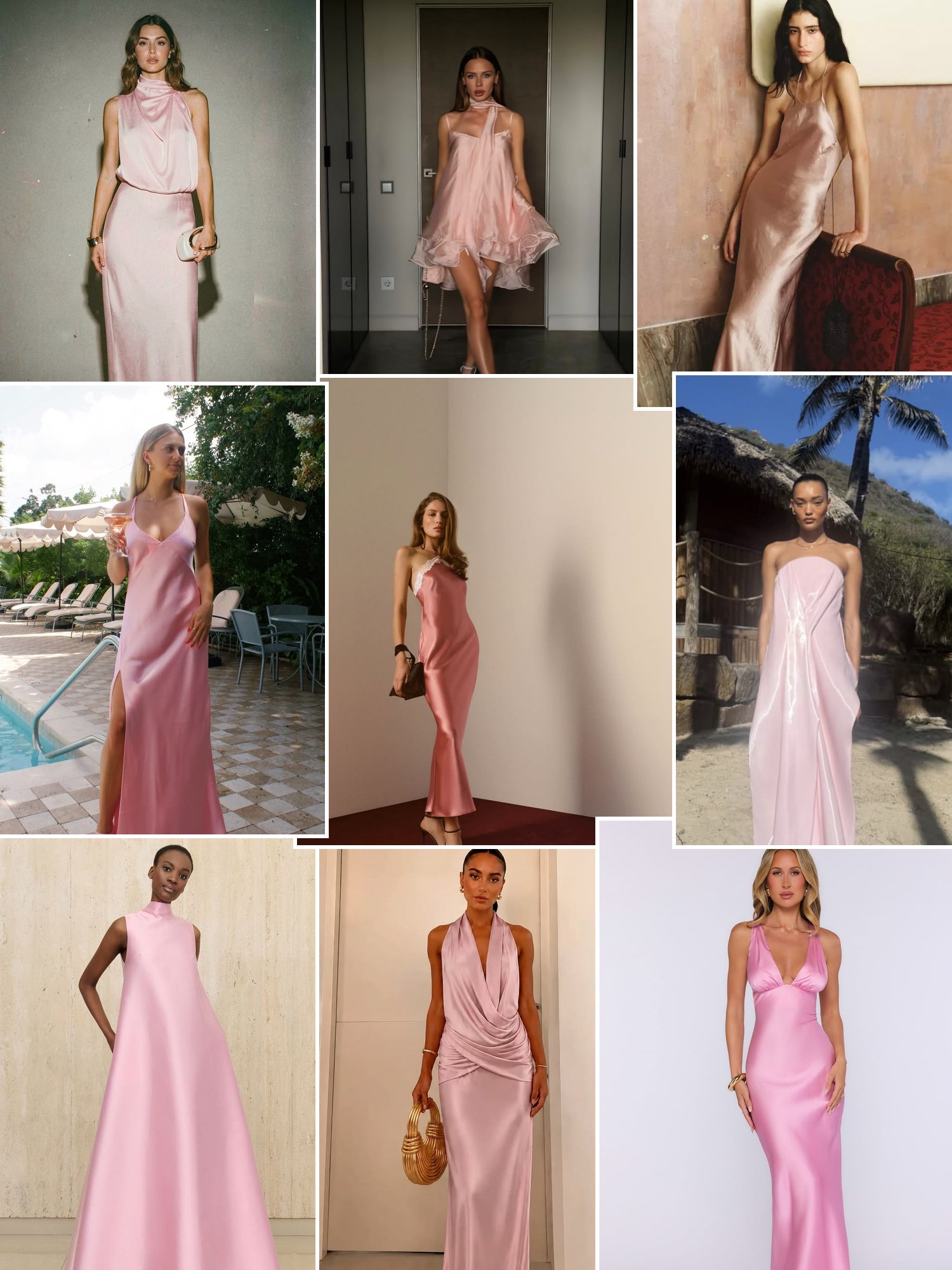 Collage of everyday outfits built around pink formal dresses