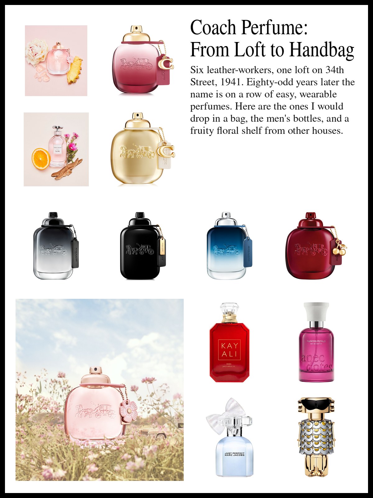 Collage of Coach perfumes, men's colognes and fruity florals beside a photo of a black top-handle handbag tipped over on white, with sunglasses, a burgundy card holder, a lipstick, a compact, keys and loose receipts spilling out.