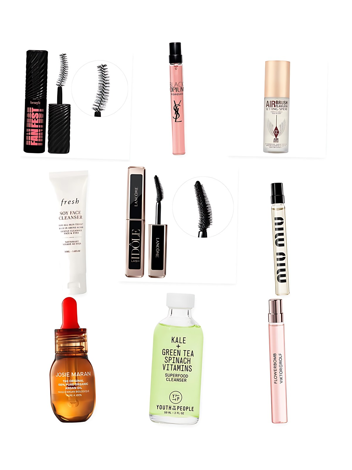 Collage on a white background showing fresh Mini Soy pH-Balanced Hydrating Face Wash, Yves Saint Laurent Black Opium Travel Spray with Coffee & Vanilla, Lancôme Mini Lash Idôle Lengthening & Volumizing Mascara, Josie Maran The Mini Original 100% Pure Organic Moisturizing Argan Oil, Viktor&Rolf Flowerbomb Eau de Parfum Travel Spray with Vanilla & Jasmine, Benefit Cosmetics Mini Fan Fest Fanning & Volumizing Mascara, Youth To The People Mini Superfood Gentle Antioxidant Refillable Cleanser, Miu Miu Miutine Eau de Parfum Travel Spray with Strawberry & Vanilla and Charlotte Tilbury Mini Airbrush Flawless Hydrating & Waterproof Setting Spray.