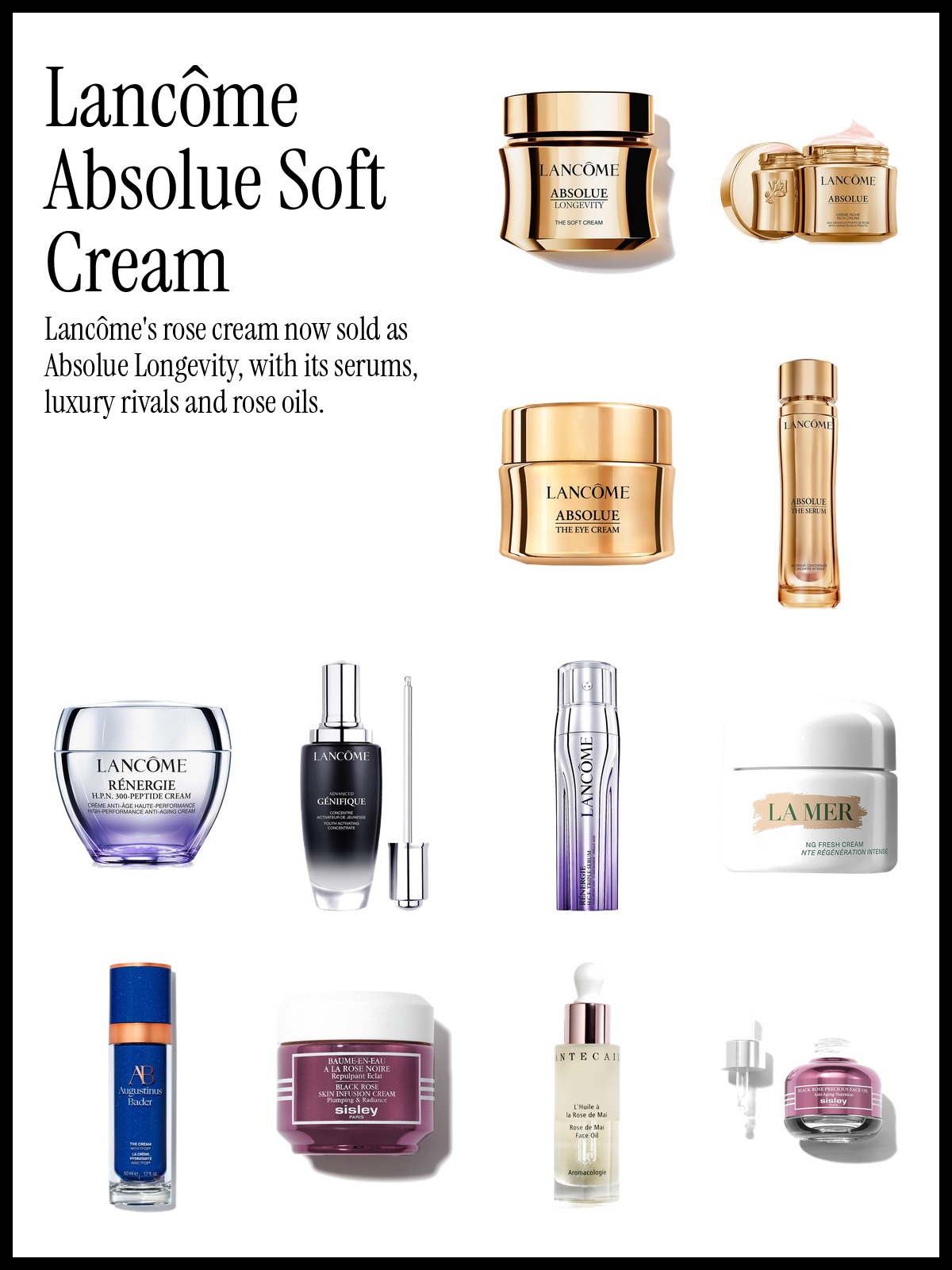 Collage of Lancôme Absolue Longevity Soft Cream, Rénergie H.P.N. 300-Peptide Cream and La Mer Moisturizing Fresh Cream