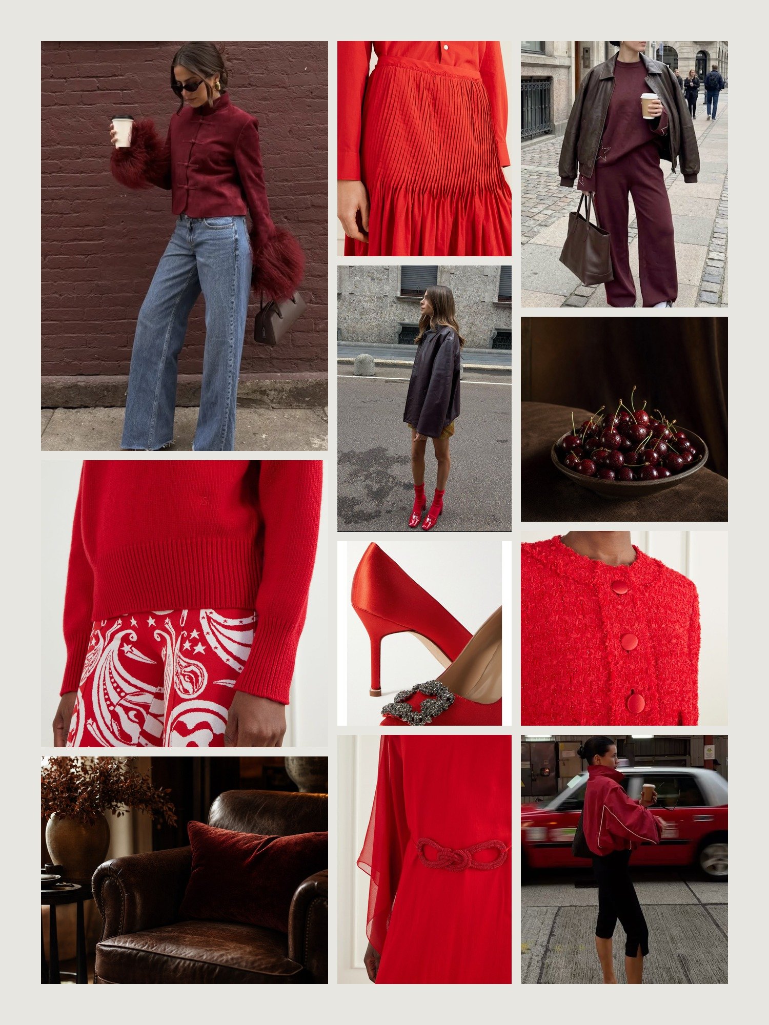 Mood board for cherry red and chocolate brown outfits: four street-style photos of women wearing cherry red and chocolate brown, close-ups of the High Sport cashmere-blend sweater, the Auralee midi skirt, the Manolo Blahnik satin pumps, the Andres Otalora maxi dress and the Dolce&Gabbana tweed jacket from this edit, and two still lifes in both colors