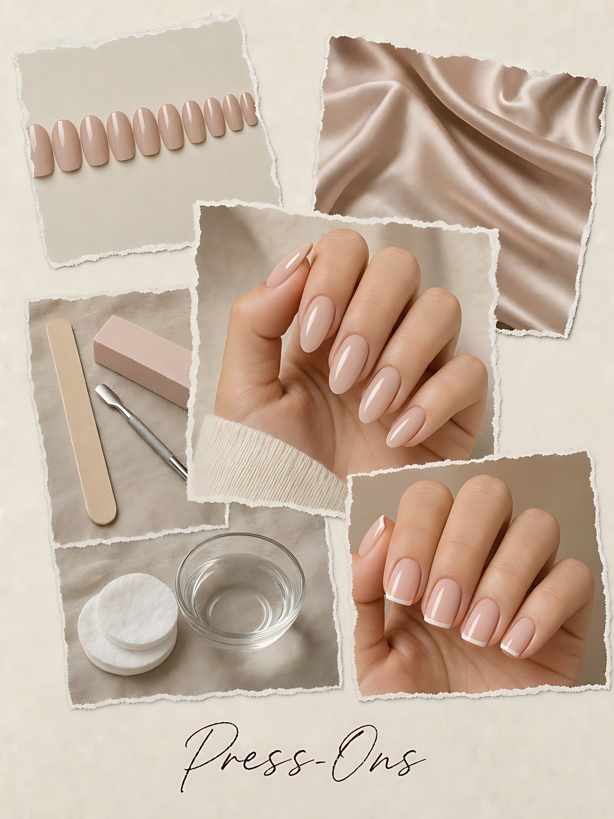Mood board of press-on nails: nude tips, satin, a nail file and buffer, and nude almond and pink French press-ons