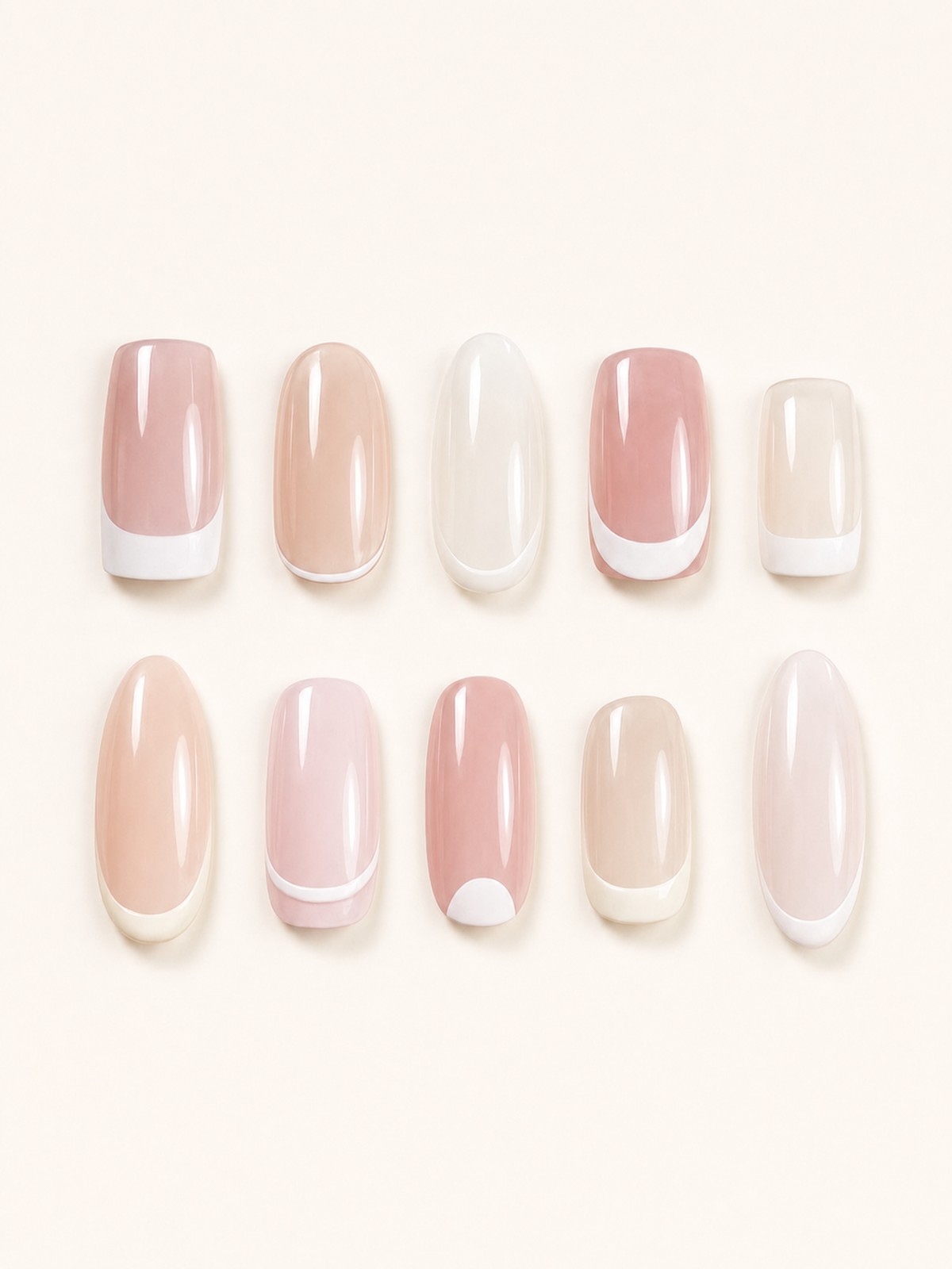 Nail trend collage of ten French manicure tips on a cream card: classic white tips, a micro French, deep smile lines, a double line, a reverse half-moon, and ivory and cream tips on pink and nude bases