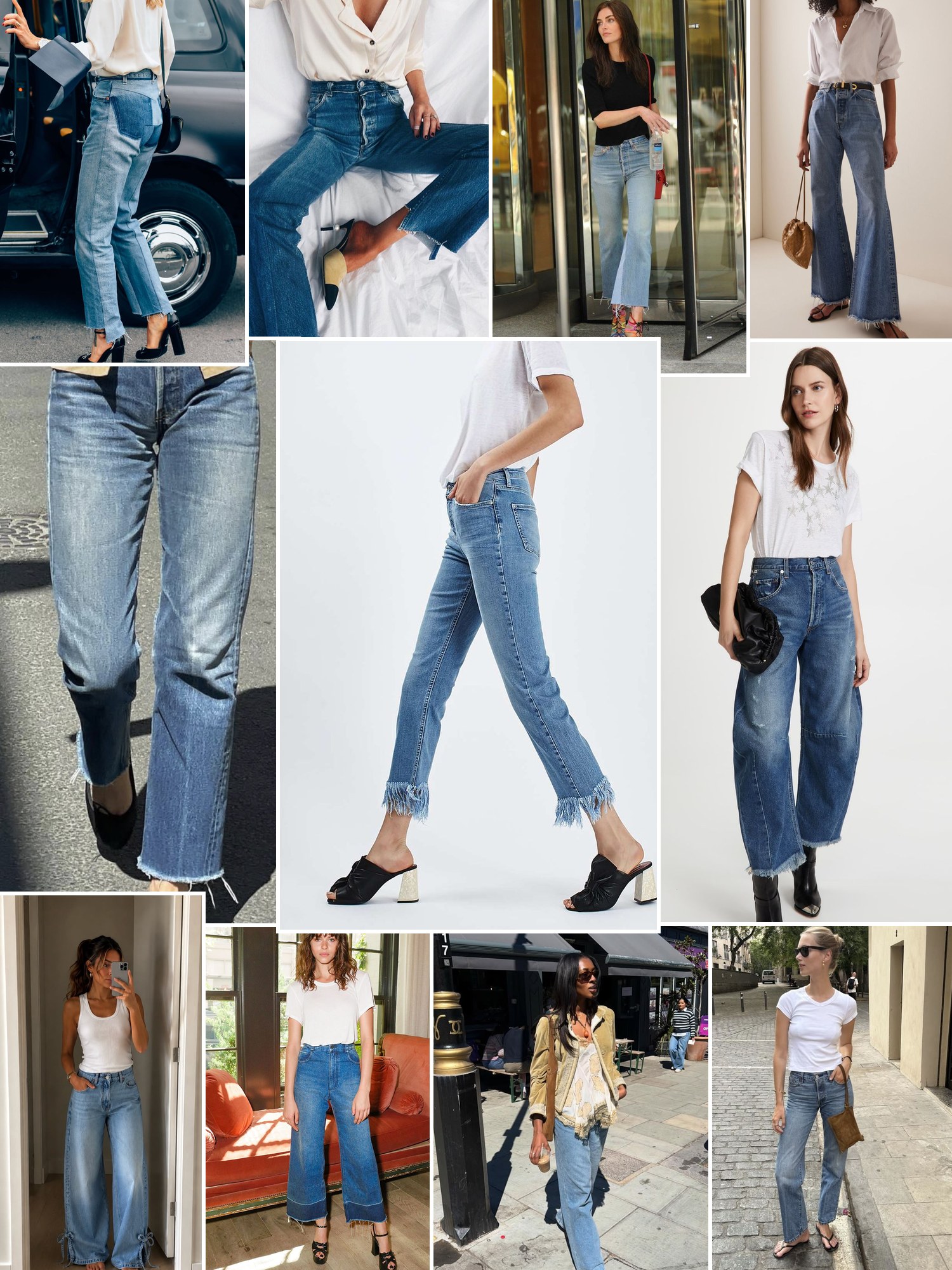 Collage of everyday outfits built around MOTHER fringe jeans