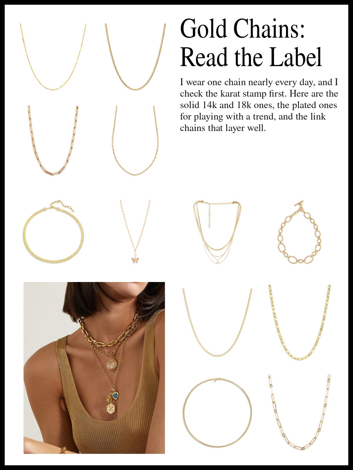 Collage of fine 14k and 18k gold chain necklaces, gold-plated snake and layered chains, and paperclip, curb and other link chains, and a mood photo of layered gold chains with pendants over a tan knit tank.