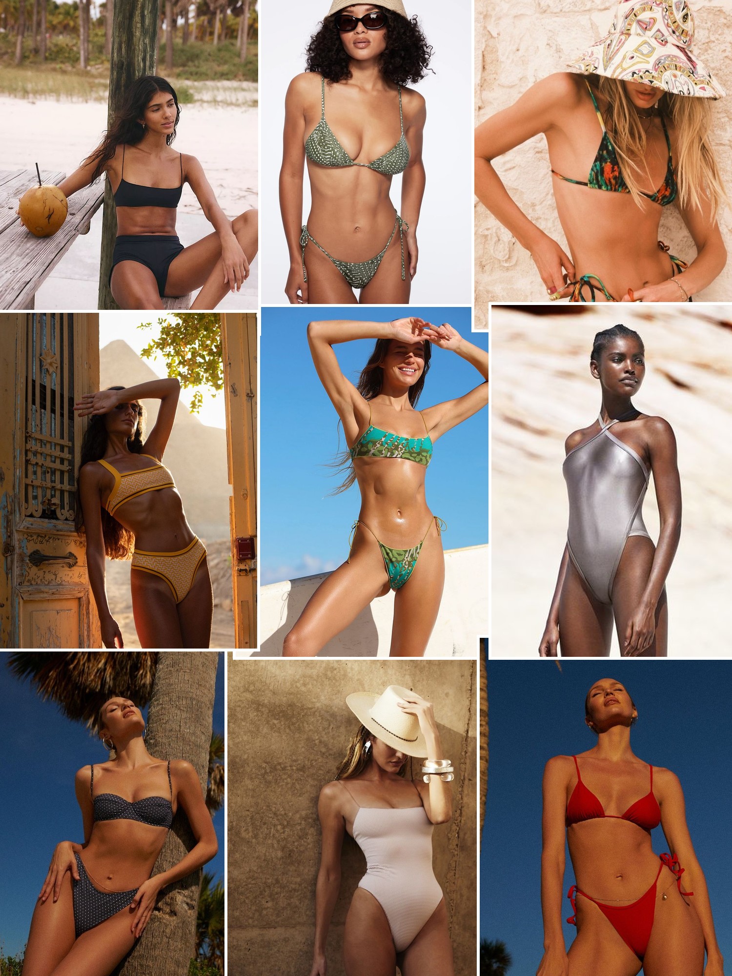Collage of swimwear on sunlit beaches and by the water, in the spirit of Tropic of C