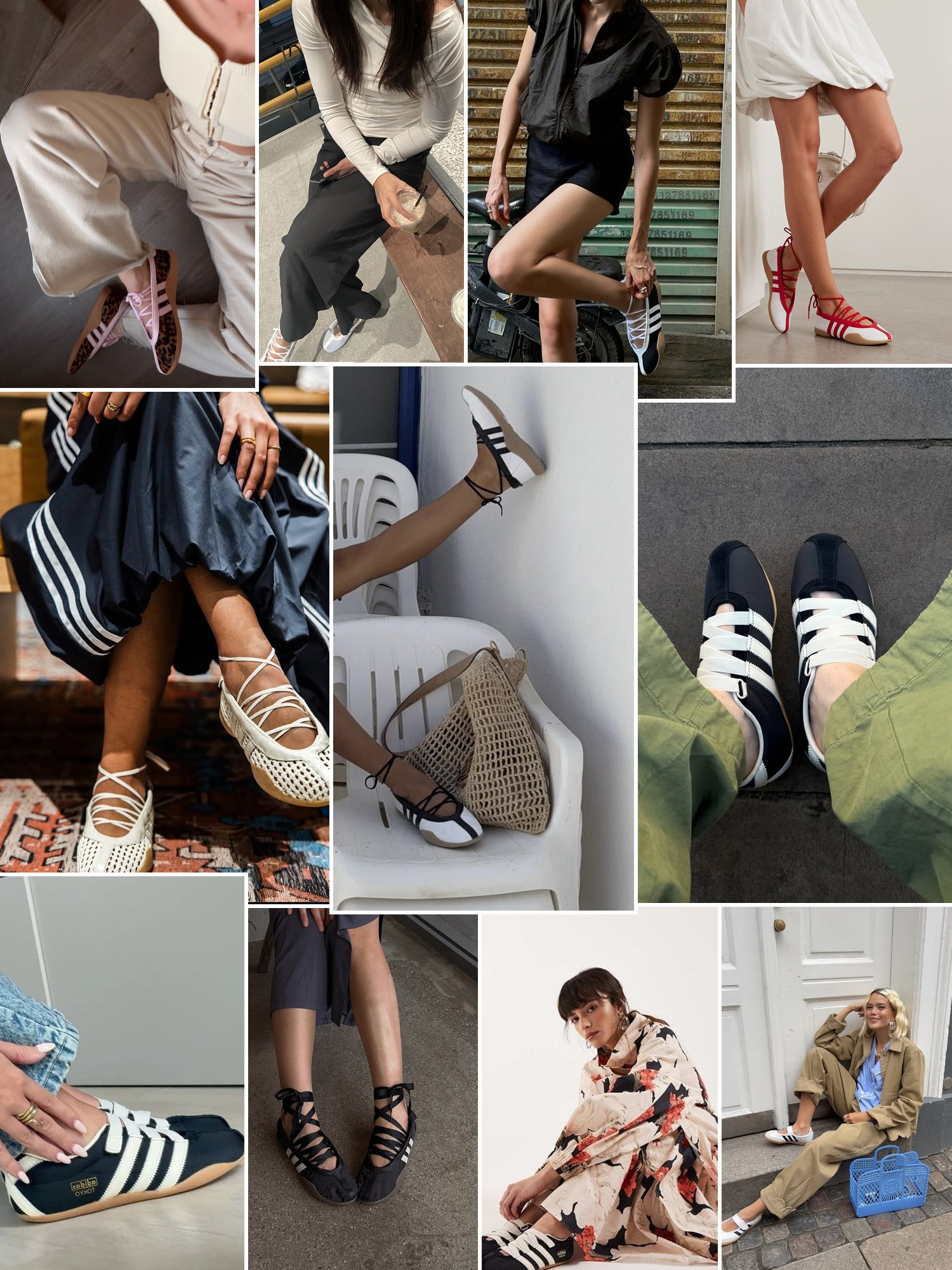 Collage of everyday outfits built around adidas ballet flats