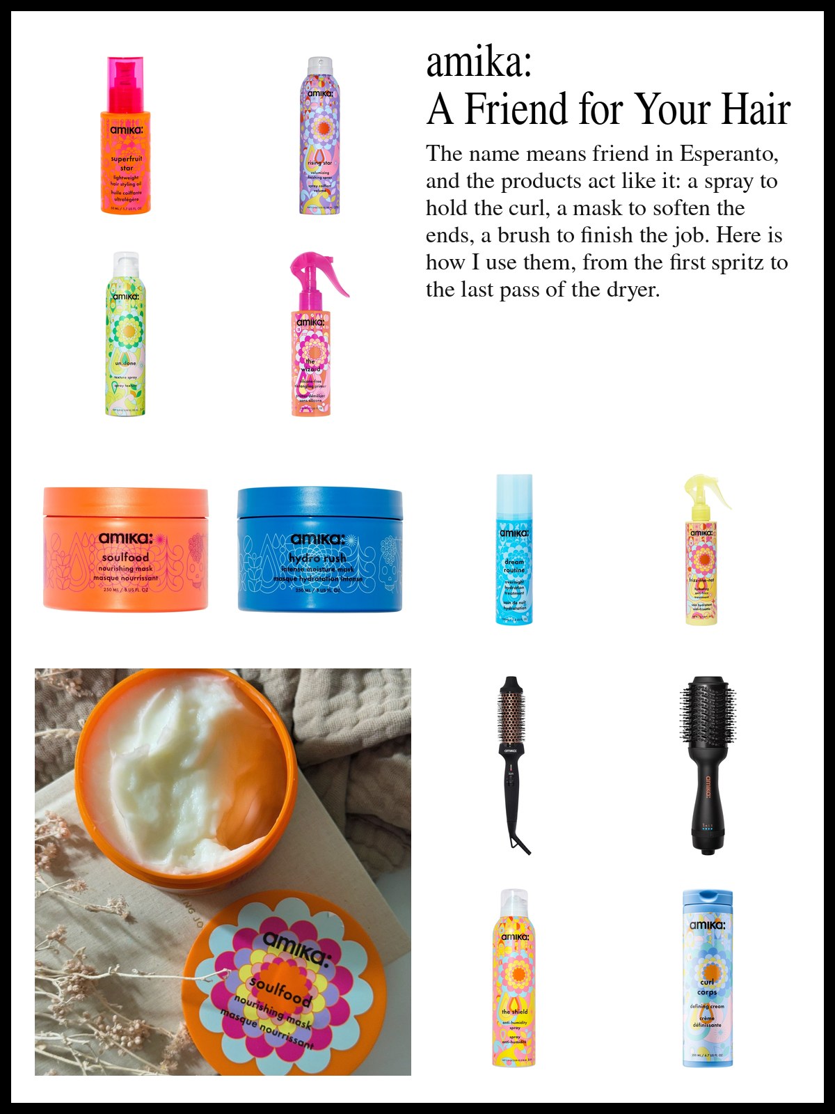 Collage of amika styling sprays, hair masks and round brushes beside a photo of pastel tubs, a yellow hand cream tube, hair ties, a claw clip and a clear wide-tooth comb arranged on two glass shelves.