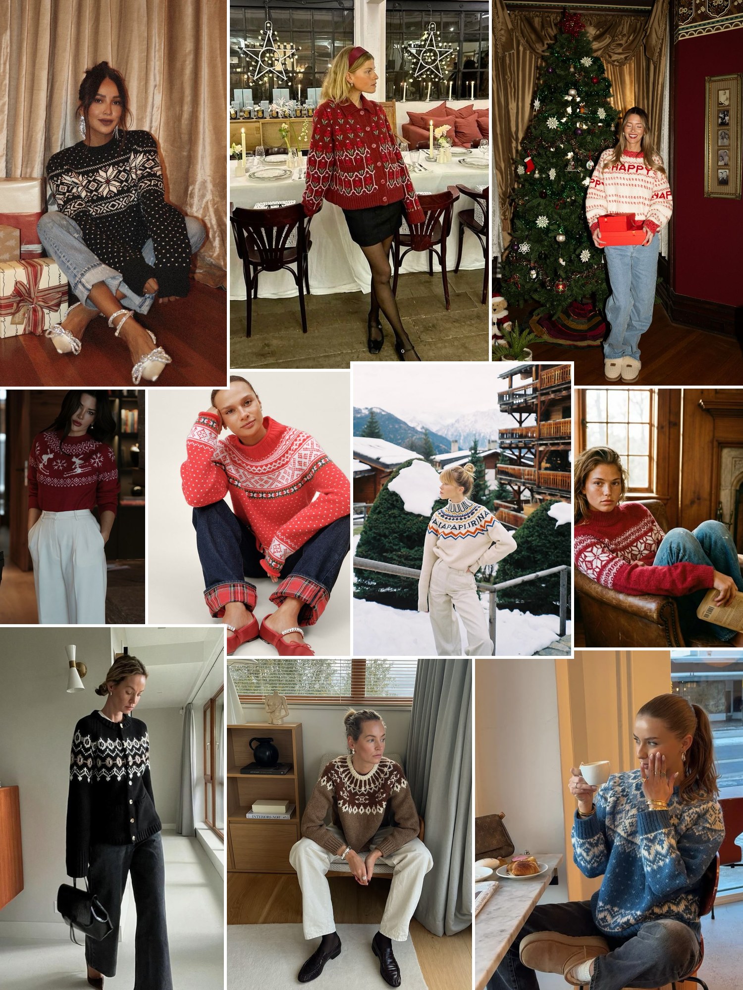 Collage of Fair Isle sweaters at a cozy holiday table