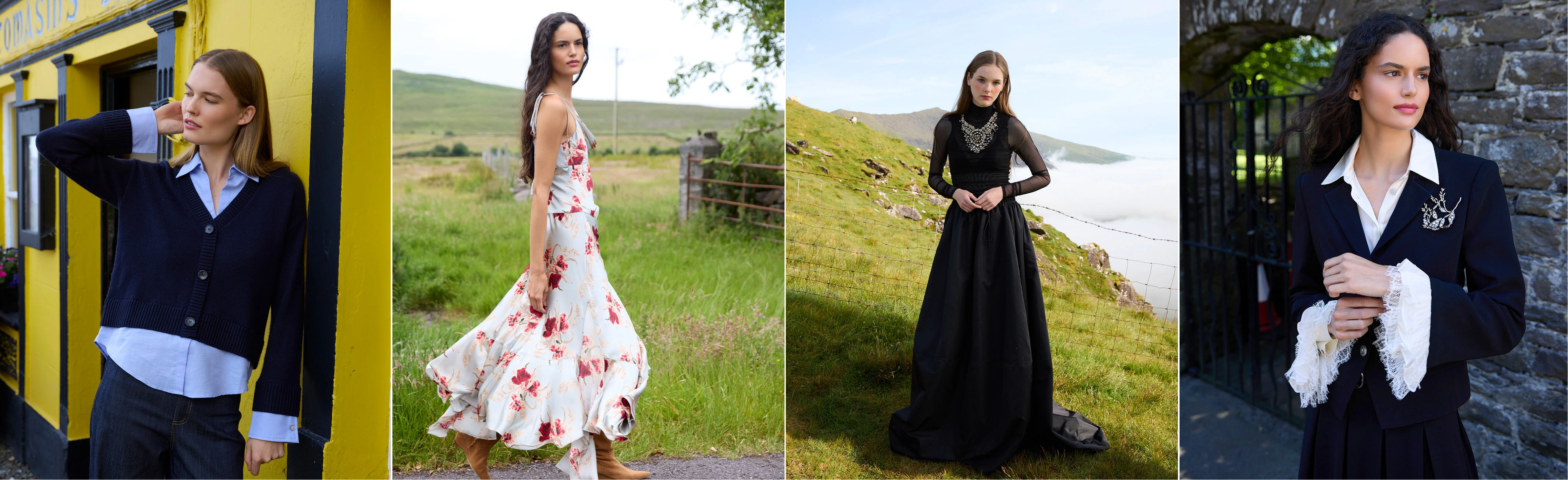 Collage of campaign looks that capture the Cinq à Sept mood, from a navy cardigan over a blue shirt to a floral maxi dress, a black gown and a tailored blazer