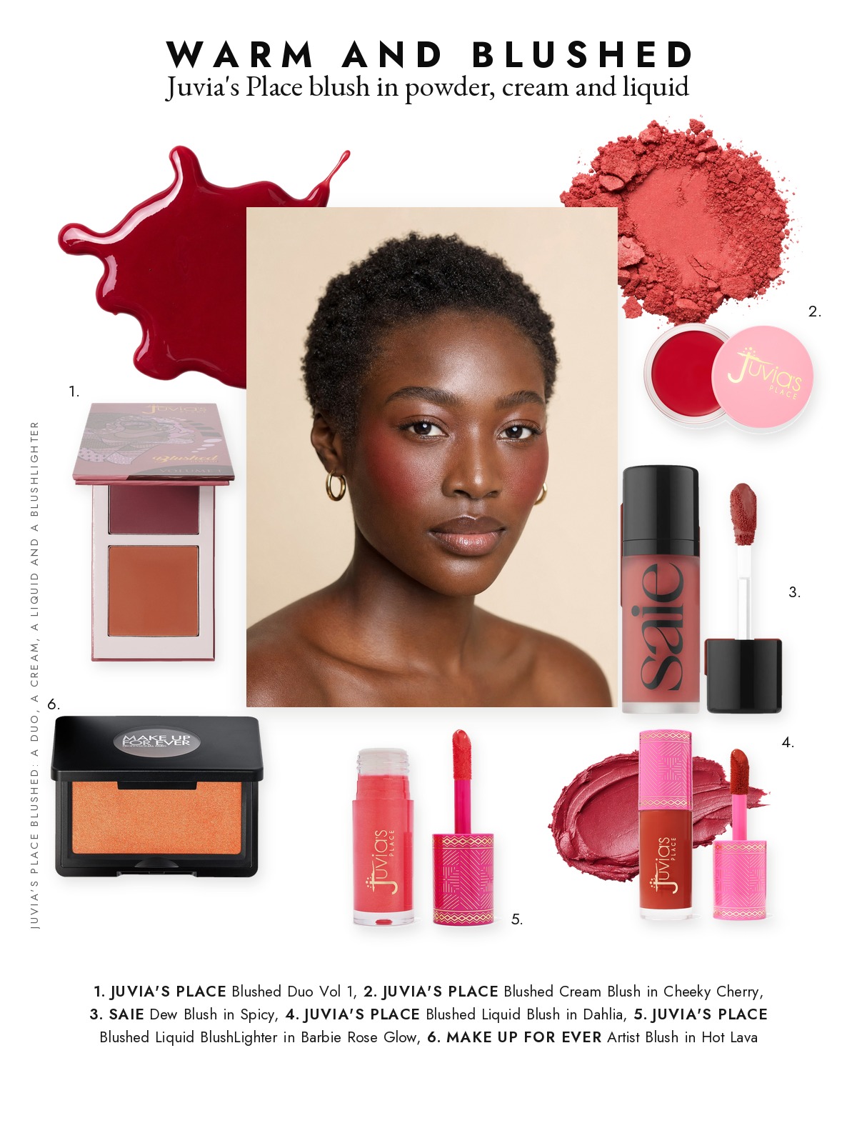 Magazine page collage for Juvia's Place Blush and the Warm, Deep Shades I Love With It, featuring Juvia's Place, Make Up For Ever and Saie