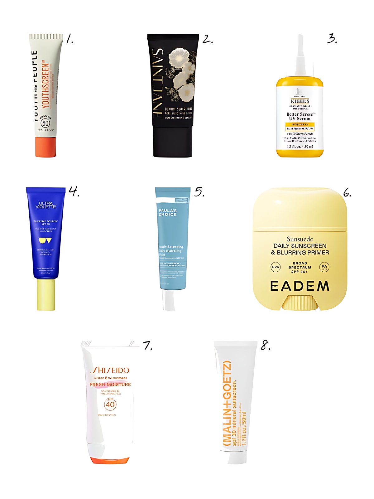 Numbered collage: 1. Youth To The People Youthscreen Daily Hydration + Pollution Defense Invisible Broad Spectrum Sunscreen SPF 60; 2. Saint Jane Beauty Luxury Sun Ritual Pore Smoothing Face Sunscreen SPF 30; 3. Kiehl's Since 1851 Better Screen UV Serum SPF 50+ Facial Sunscreen with Collagen Peptide; 4. Ultra Violette Supreme Screen SPF 50 Facial Sunscreen Moisturizer and Primer; 5. Paula's Choice RESIST Youth-Extending Daily Hydrating Fluid SPF 50; 6. EADEM Sunsuede SPF 50+ Lightweight Sunscreen & Blurring Primer Stick; 7. Shiseido Urban Environment Fresh-Moisture Sunscreen SPF 40; 8. Malin + Goetz MALIN+GOETZ Mineral Sunscreen 1.7 oz.