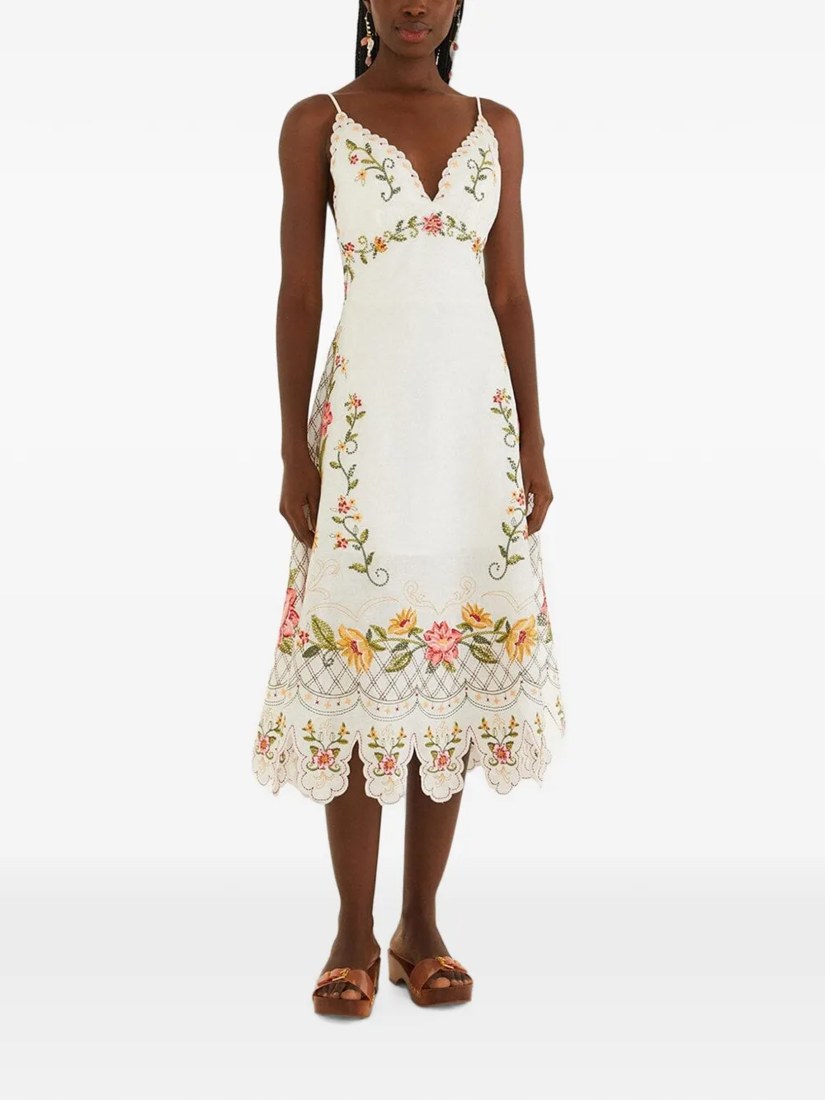 Flower embroidery asymmetric hem midi dress