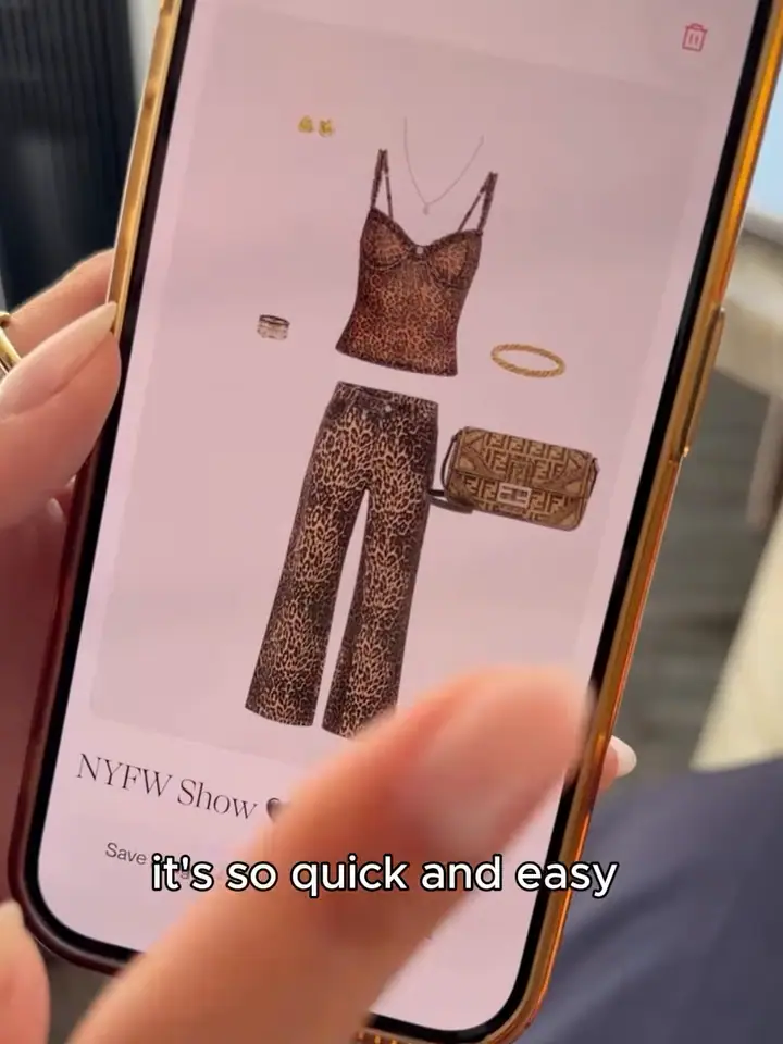 A Phia user showing an outfit made in the app: a leopard set with gold accessories and heels