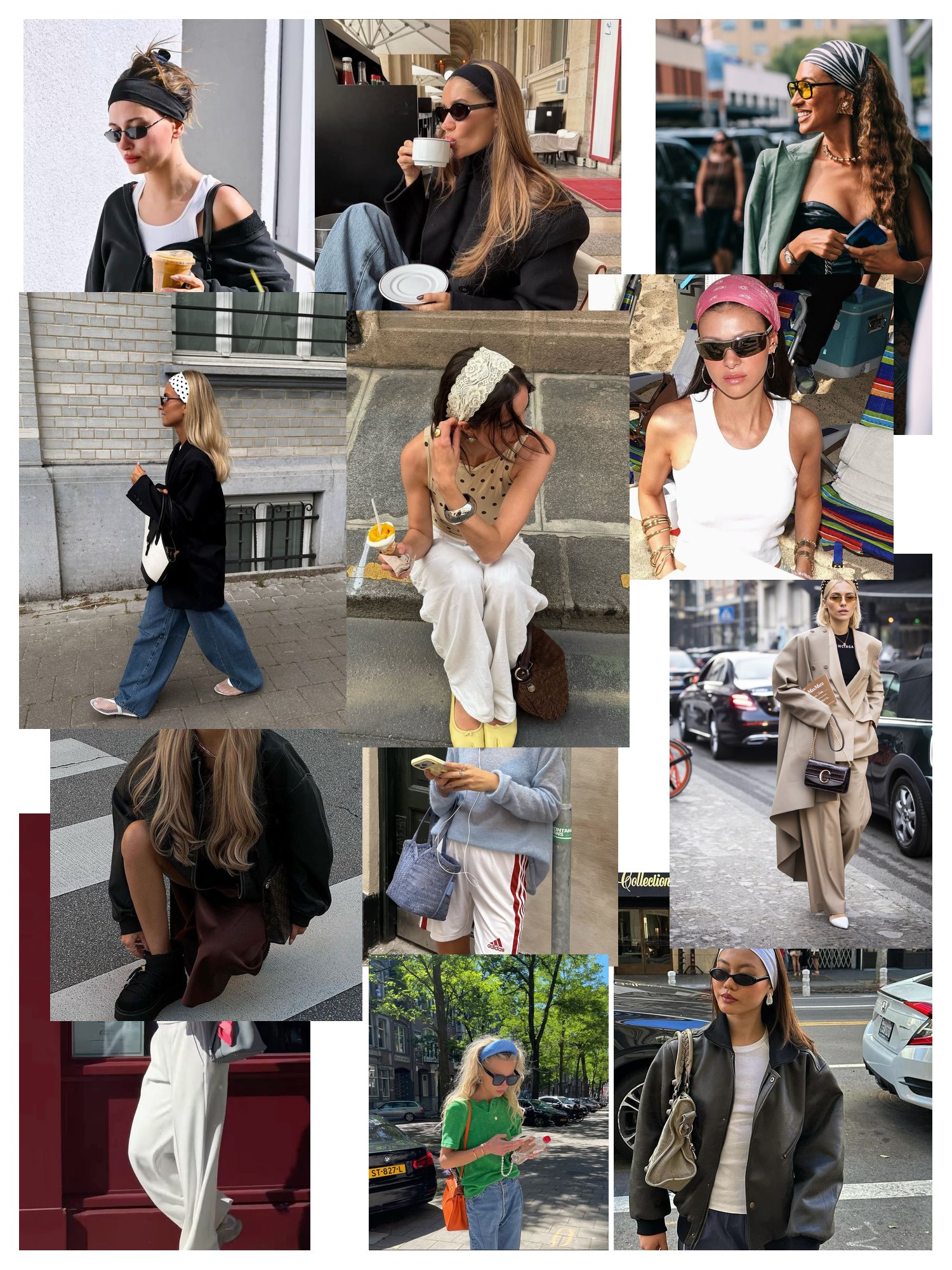 Street-style collage of 12 outfit photos featuring headband, scattered and overlapping