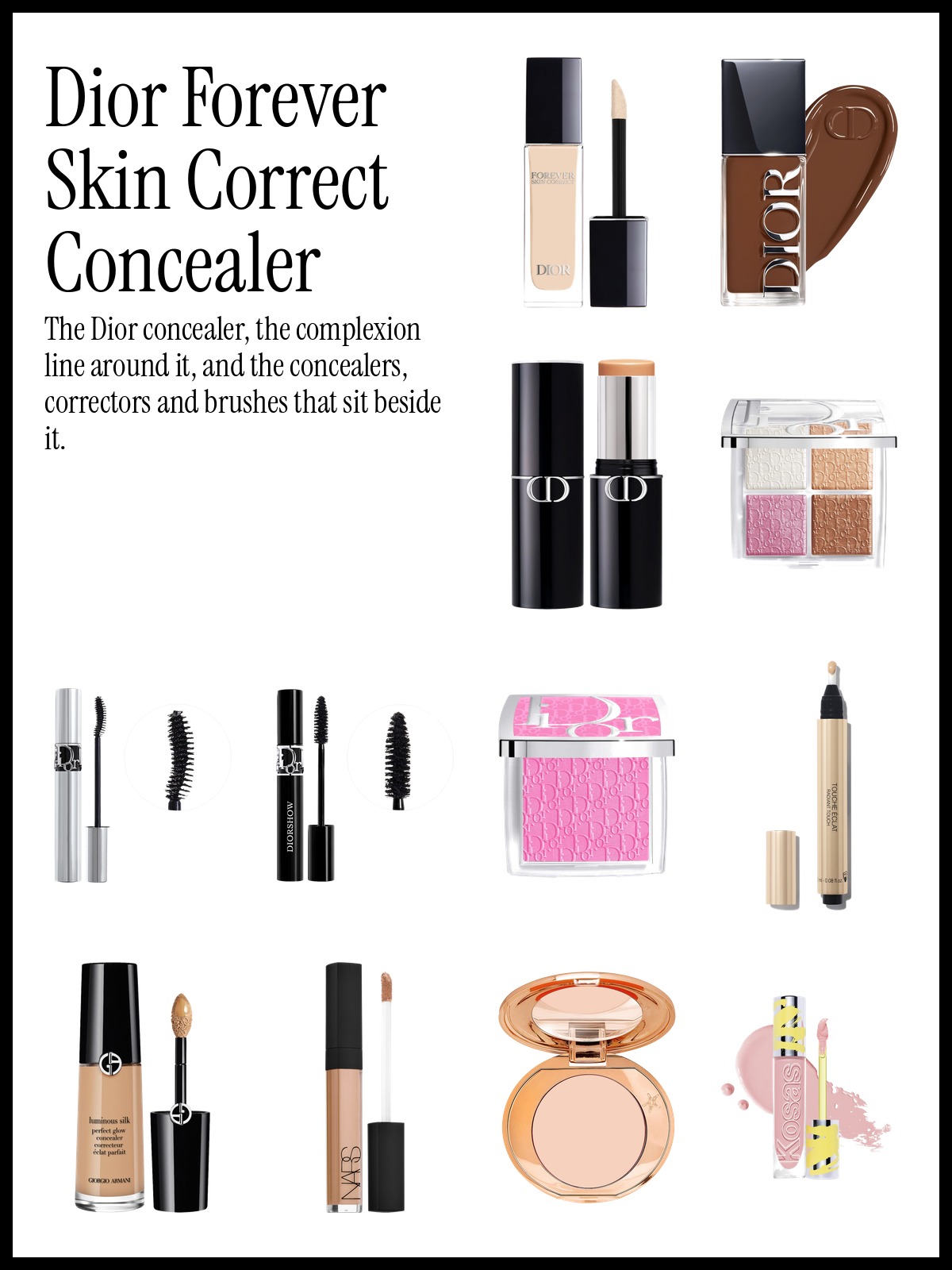Collage of Dior Forever Skin Correct Full-Coverage Concealer, Diorshow Overcurl mascara and Yves Saint Laurent Touche Éclat concealer pen