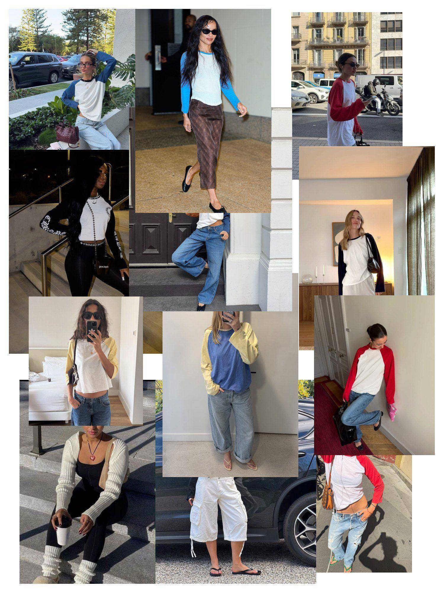 Scatter collage of baseball tee street style: contrast raglan sleeves with jeans, skirts and wide trousers